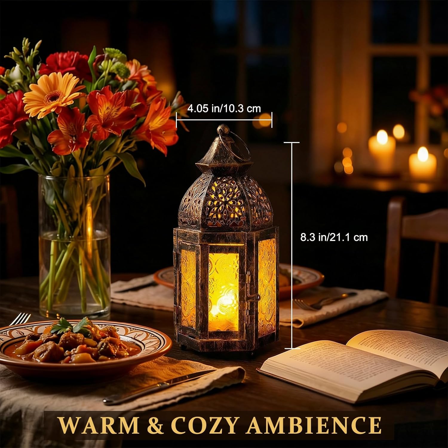 IMAGE Moroccan Hanging Candle Lanterns, 8.3x4 Inch Moroccan Birdcage Holders with Glass Creative Indoor/Outdoor Lighting for Wedding, Ramadan, Christmas, Patio, Garden, Home Tabletop Decor