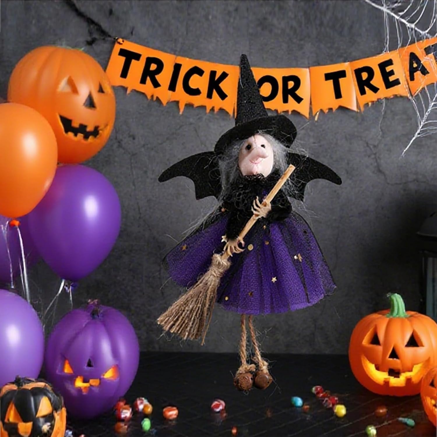 2pcs Halloween Small Witch Decor Halloween Tree Decoration Hanging Ornaments Kitchen Witch Broomstick for Garland, Tiered Tray Home Decor- Clearance