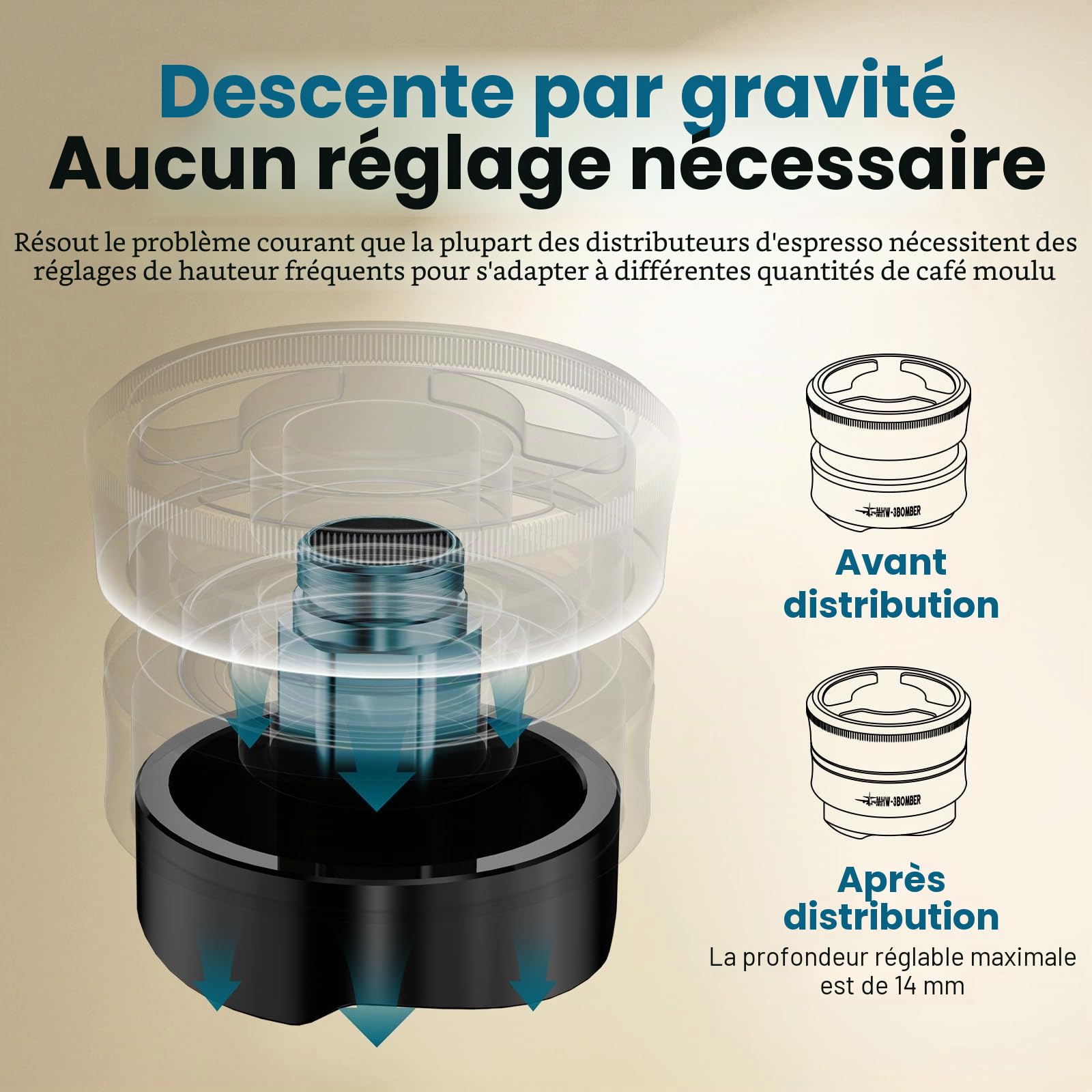 MHW-3BOMBER Astra Distributeur de Café 51mm, Outil Espresso à Gravité avec Hauteur Adaptative, Leveler pour Porte-Filtres 51mm, Outil Précis de Barista pour une Extraction Parfaite, Modèle T7019-OS