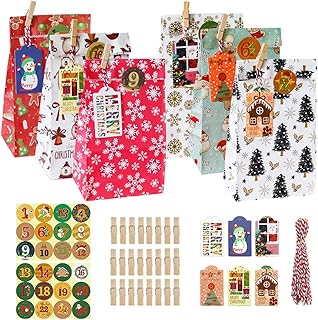 Confezione da 24 buste natalizie Sacchetti per prodotti da forno Sacchetti regalo per dolci Sacchetto per biscotti con 24 adesivi natalizi, etichette regalo e clip in legno