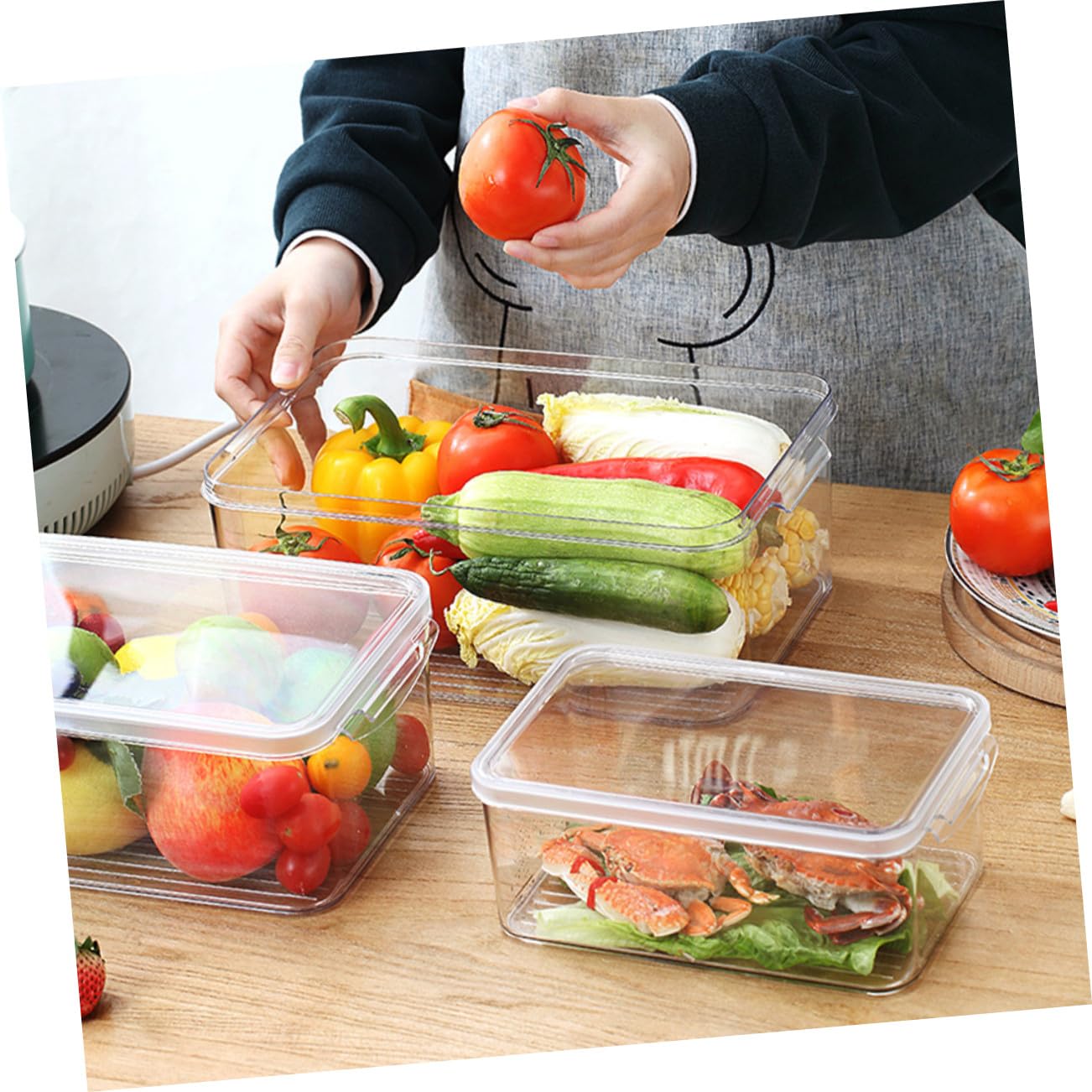 Homoyoyo Caja de Almacenamiento para Refrigerador Pet Transparente 3 Piezas | Apilable, Resistente al Desgaste, para Frutas y Alimentos, Uso en Cajón y Congelador