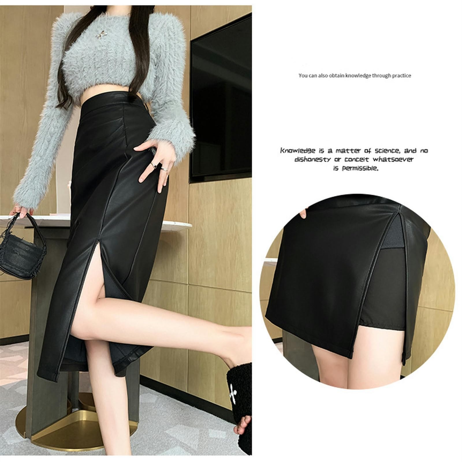 Gonna Lunga Donna Gonna delle Donne in Finta Pelle Gonna Basica A Vita Alta in Pelle Gonna Nera Classica Matita Bodycon Gonna Fashion Split-Nero-m