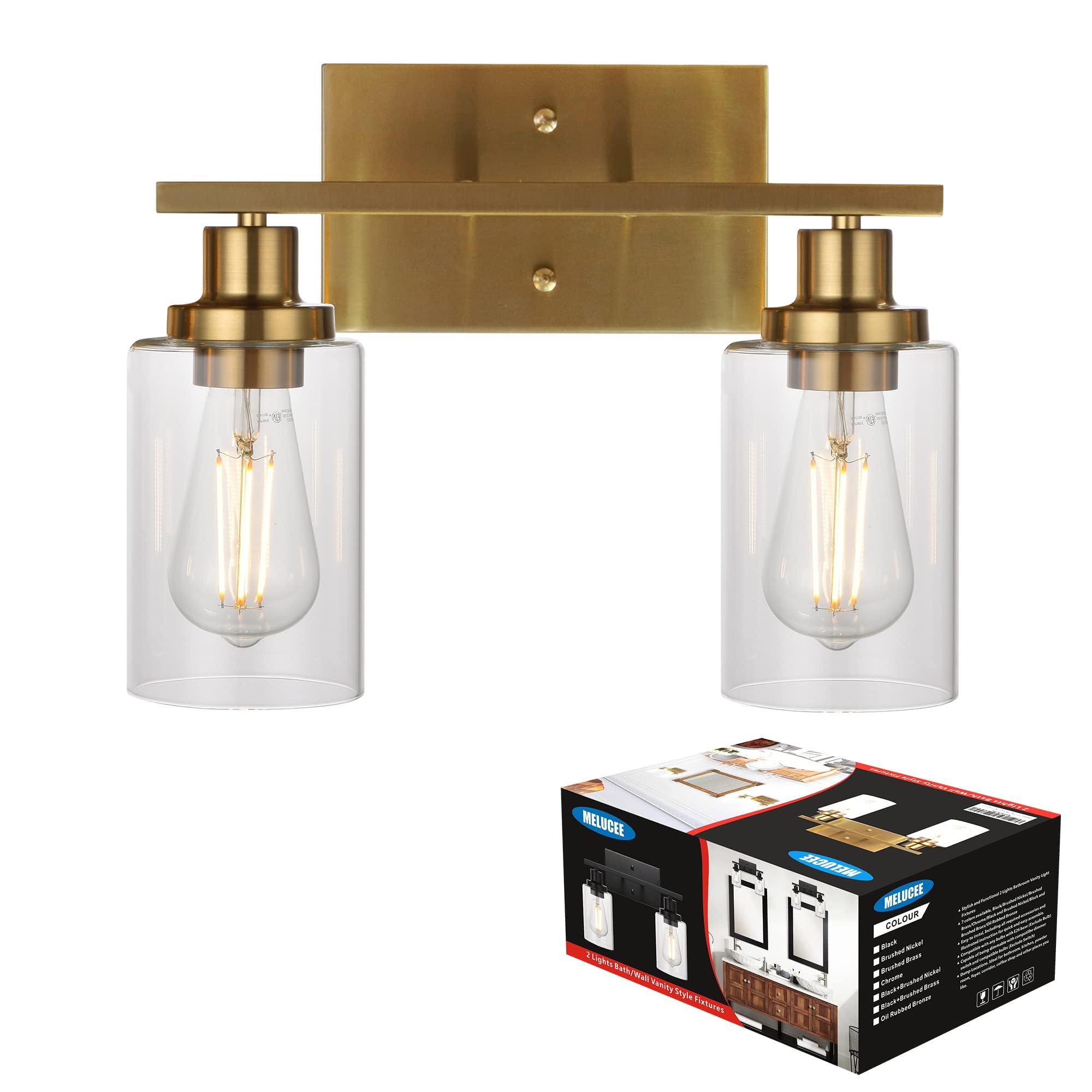 MELUCEE 2-Light Wall Sconce Brass Vanity Light Fixture Modern Style with Clear Glass Shade for Bathroom Hallway Bedroom Living Room Kitchen