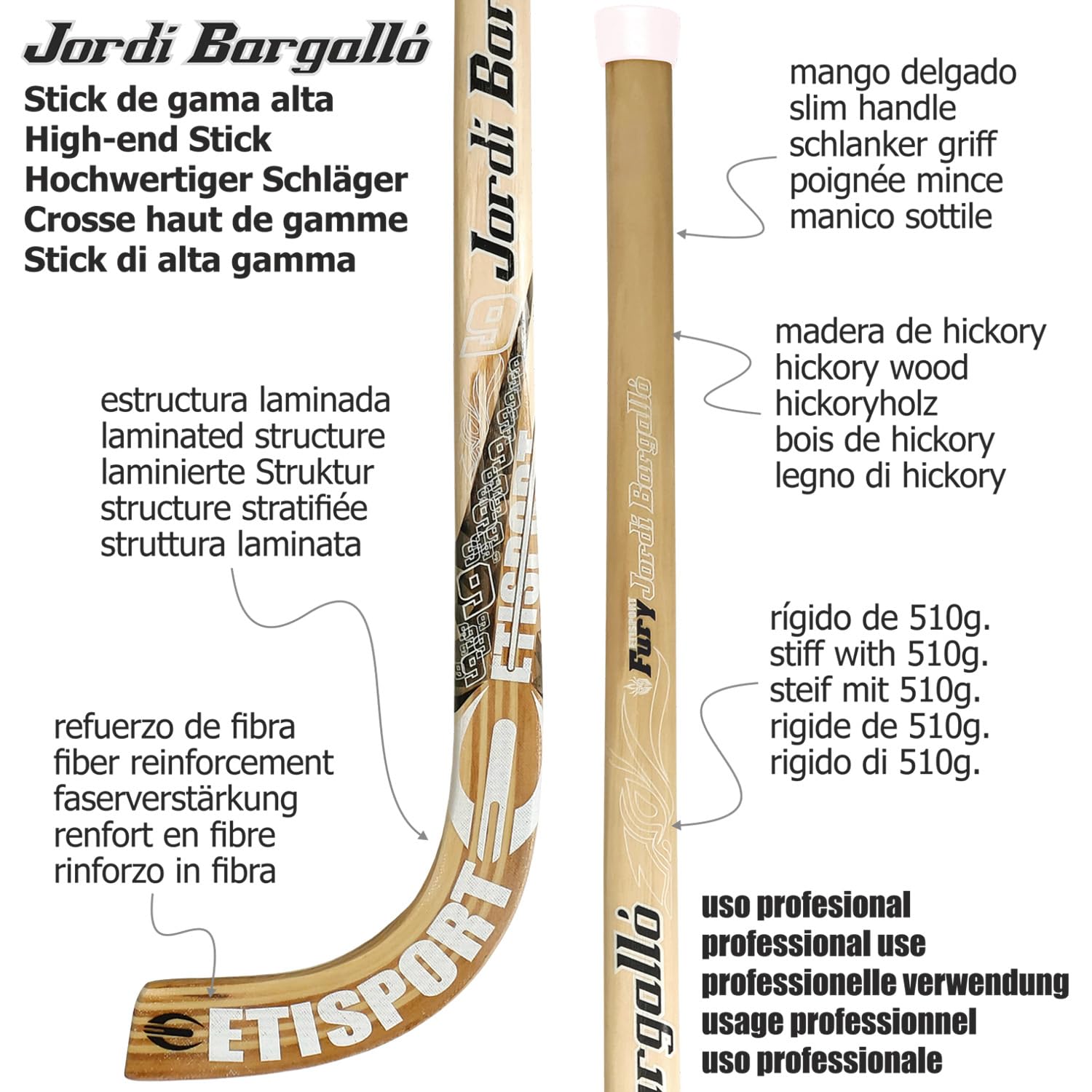 Bastone da Hockey Pista Professionale Jordi BARGALLÓ. Rigido, di Peso Medio e Impugnatura Sottile in Legno di Hickory. Lama Laminata con Fibra Esterna.
