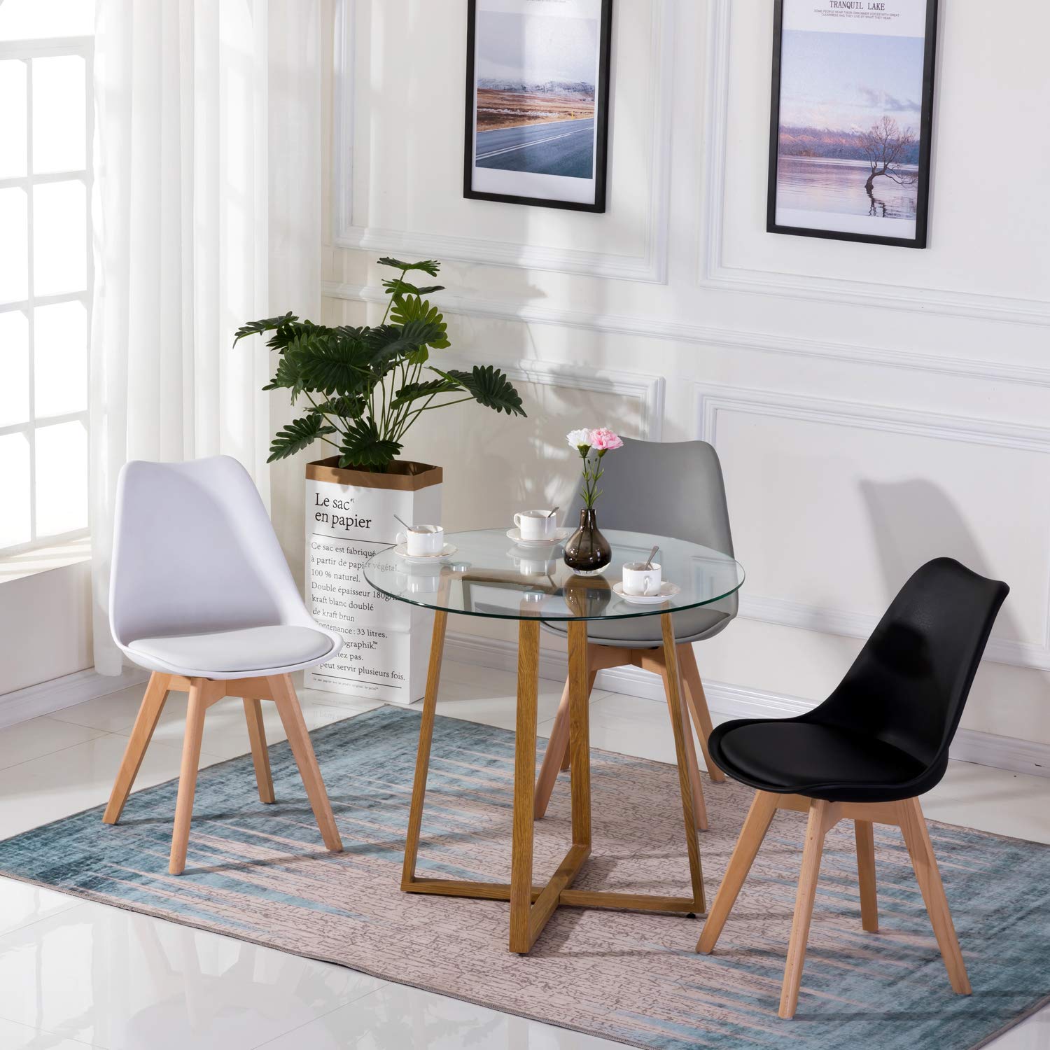 EGGREE Mesa de Cristal Redonda Mesa de Comedor Nordica Moderna, Patas de Metal Acabado de Roble, 80 x 75 cm
