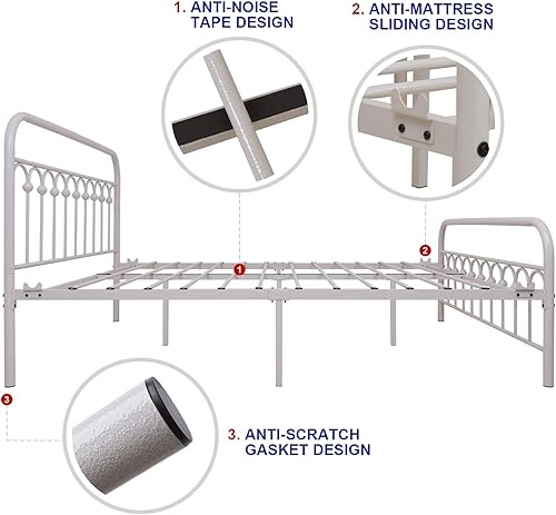 Miniatura 23 de 1730 1710 1707. Marco de cama de metal, tamaño queen, con cabecera vintage y base de plataforma con pie de cama, de hierro forjado. Negro -,Marrón