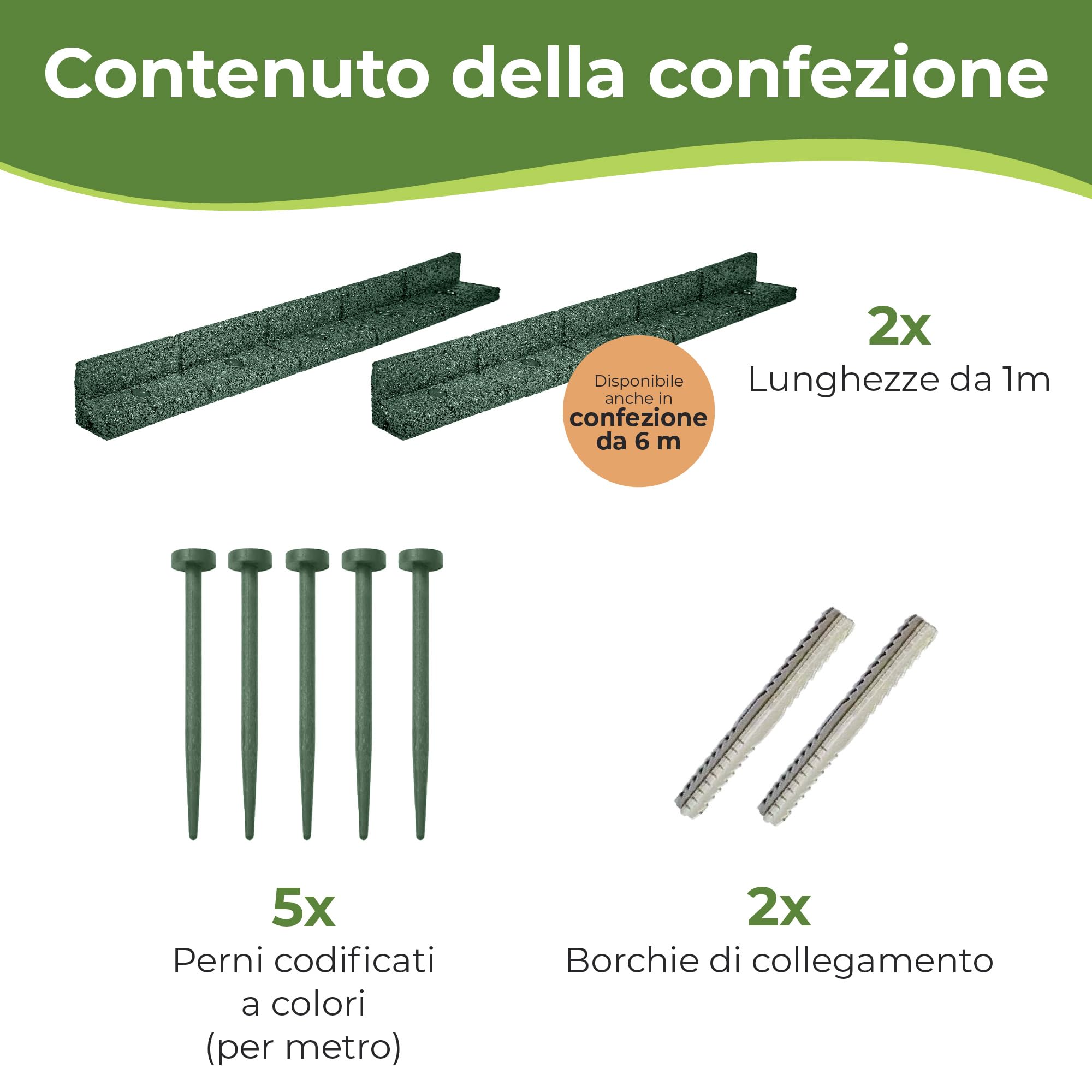 FlexiBorder - Bordura per aiuola - Bordura flessibile da giardino per prato all’inglese - vialetti - bordature rialzate - erba artificiale - Verde - Kit 2 x 1 m di lunghezza