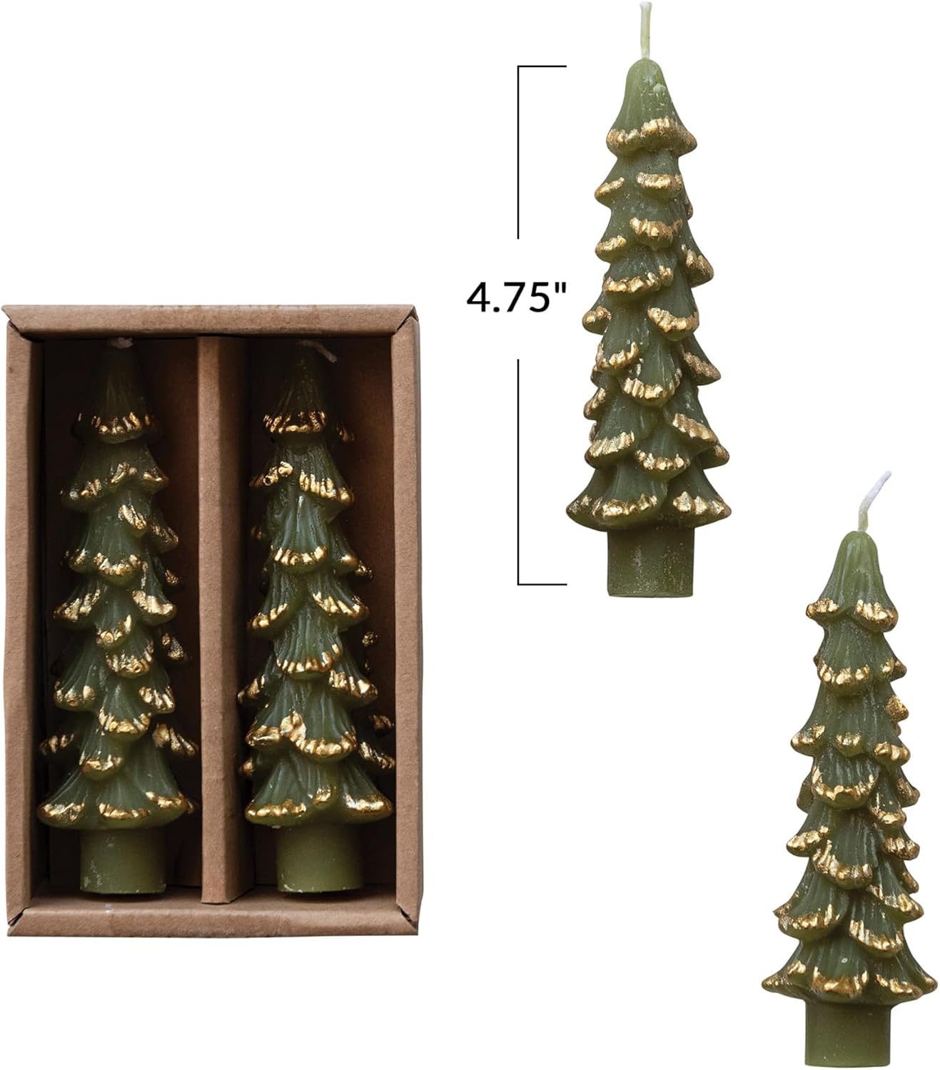 Creative Co-Op Unscented Textured Tree Shaped Taper Candles with Gold Tips in Box, Evergreen Color, Set of 2