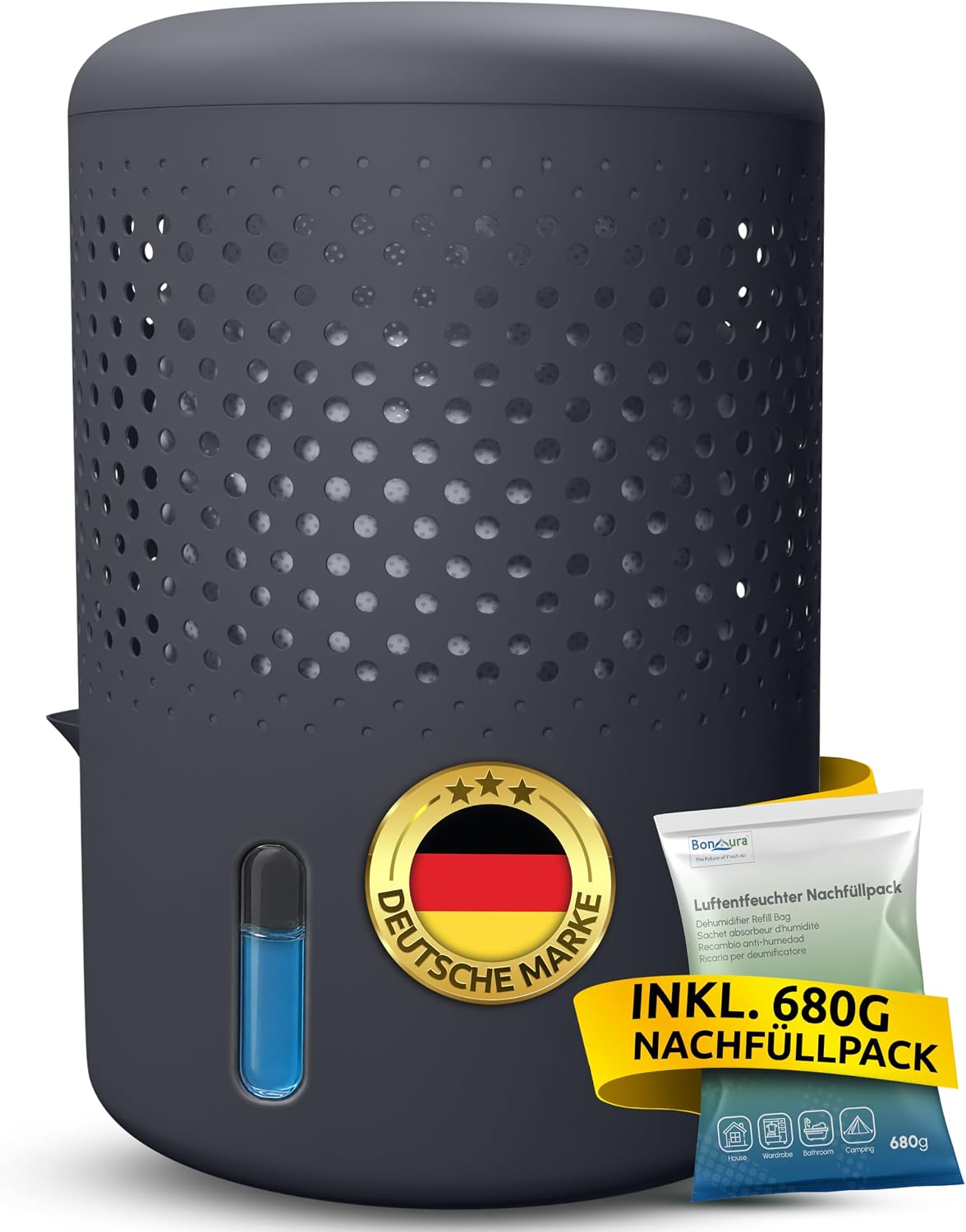 BonAura® Luftentfeuchter ohne Strom - Raumentfeuchter für Keller, Bad uvm. - 680g Luftentfeuchter Nachfüllpack inklusive - Entfeuchter und Luftentfeuchter Granulat im Set - Schutz vor Schimmel