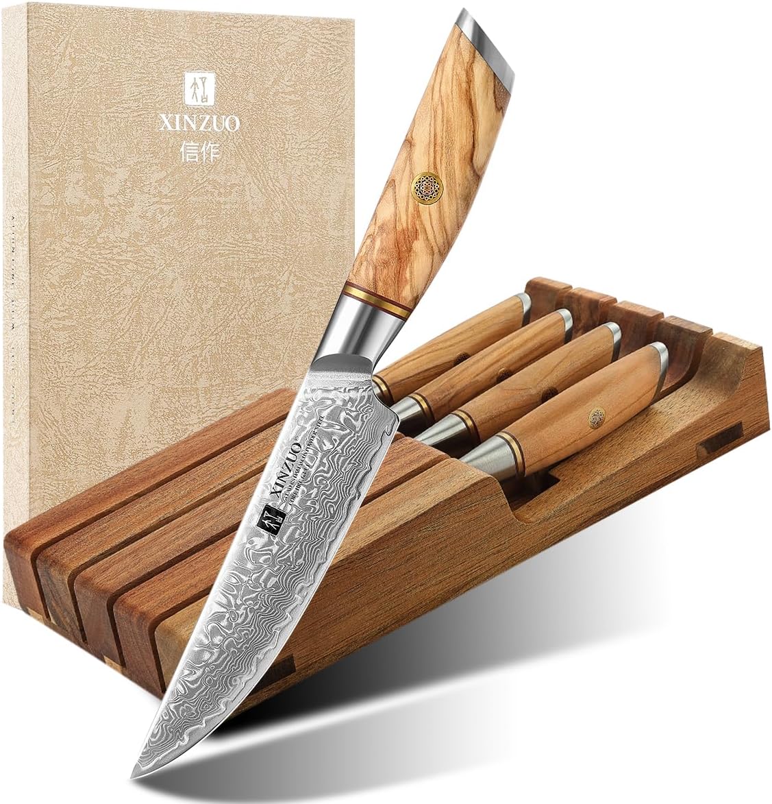 XINZUO In-Drawer Acacia Wood Storage Block with Steak Knife Set of 4,Knife Drawer Organizer,73-layer Damascus Steel Kitchen Knife Set with Olive Wood Handle