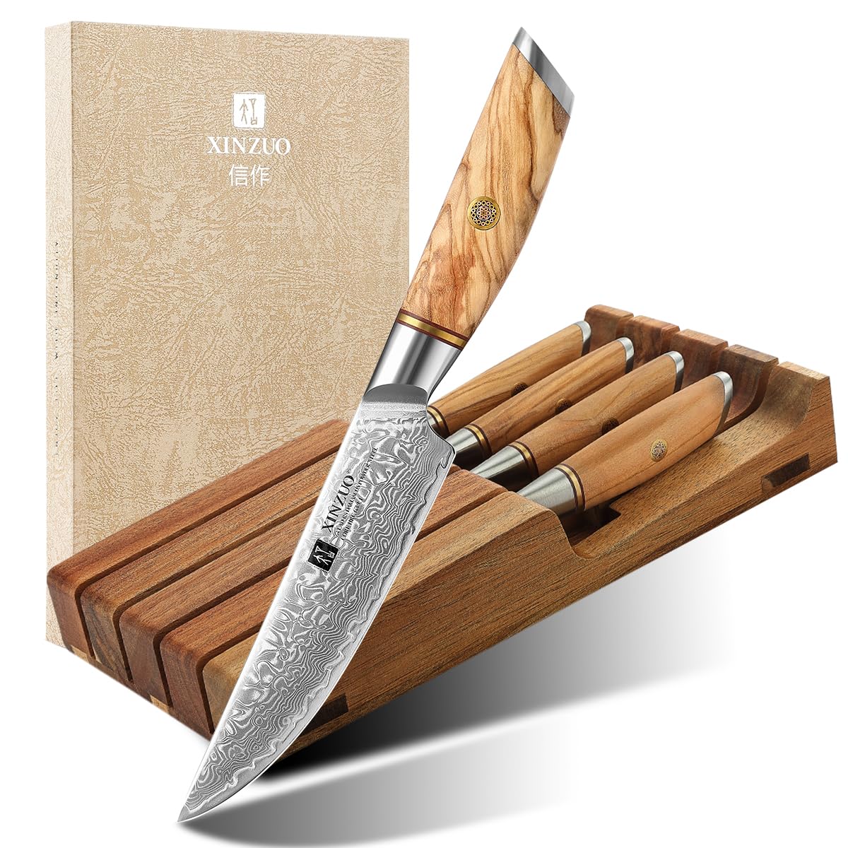 XINZUO In-Drawer Acacia Wood Storage Block with Steak Knife Set of 4,Knife Drawer Organizer,73-layer Damascus Steel Kitchen Knife Set with Olive Wood Handle