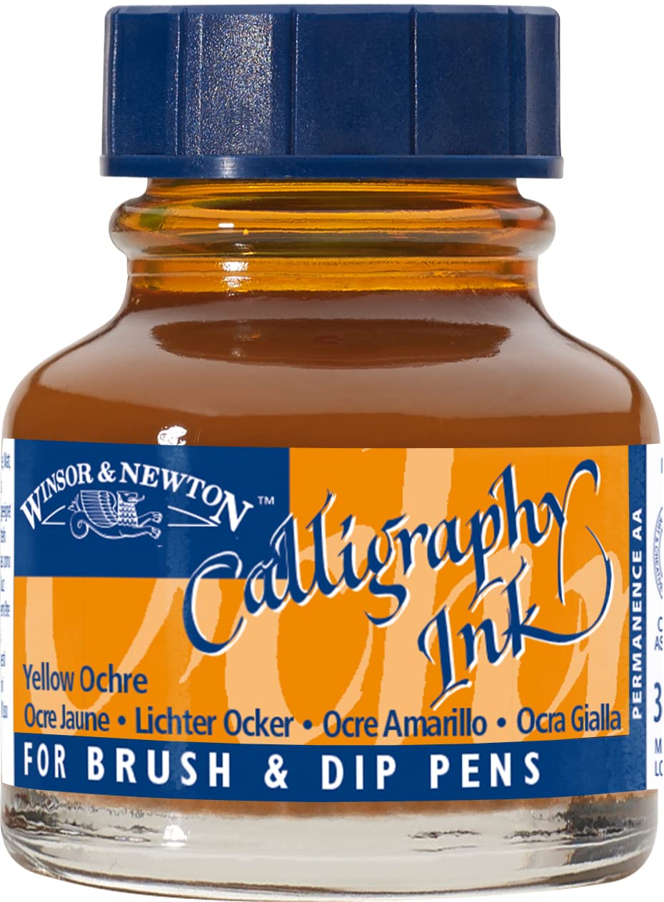 Winsor & Newton 1111744 Kalligraphie Tuschen (für Füllfederhalter oder Schreibfedern, untereinander mischbar, lichtecht, beständige Farbe) 30 ml Flasche gelbocker