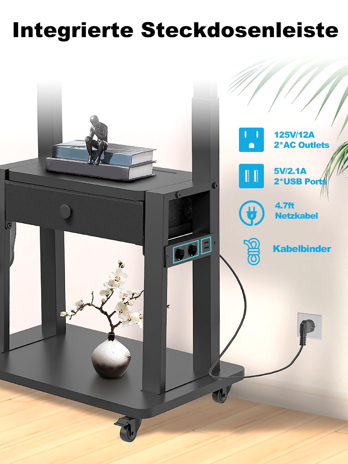 Rollbarer TV-Ständer mit Steckdose und Stoffschublade für 32-75" Flach/Curved TV bis 100kg, höhenverstellbar, mobiler Fernsehwagen, für Home Office, VESA Norm 600 x 400mm, Schwarz Schwarz