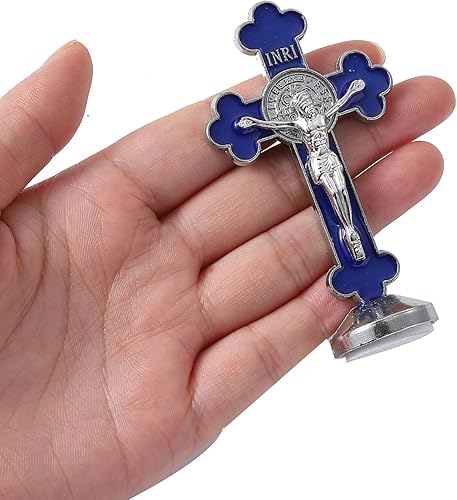 Miniatura 3 de VINETEN Crucifijo de pared  Crucifijo de metal azul con bendiciones y regalos para decoración de cruz colgante del hogar