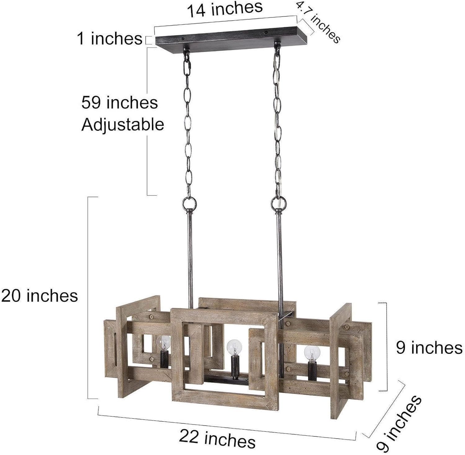 Wood Chandelier, Farmhouse 3-Light Kitchen Island Lighting, 22'' Rectangular Hanging Light Fixtures for Dining Room, Bedroom and Living Room