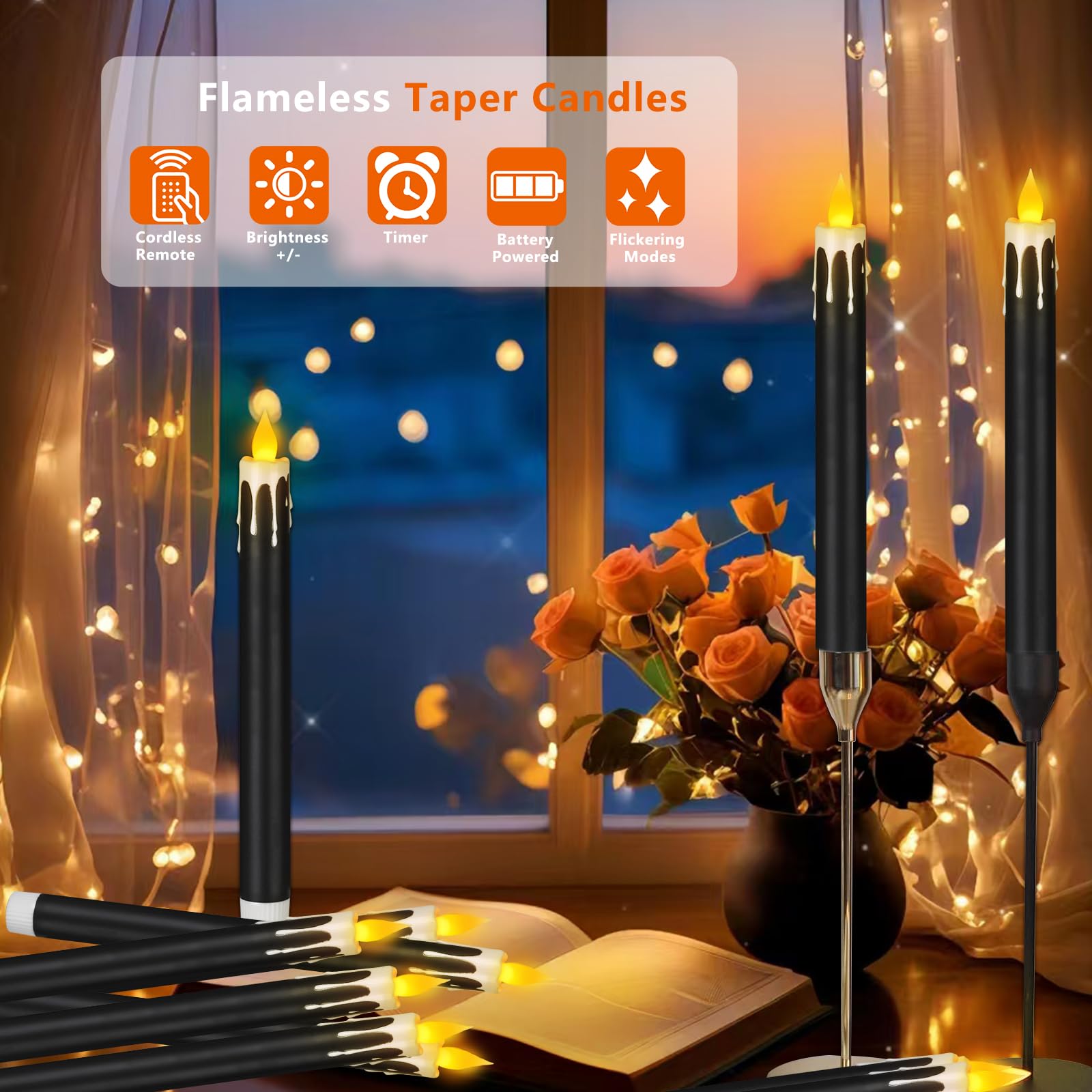 Wemarry - Candele coniche senza fiamma da 10,6 pollici, senza gocciolamento, alimentato a batteria, include timer remoto, oltre 400 ore per 2 batterie AA per Halloween, Natale, matrimonio (colore nero