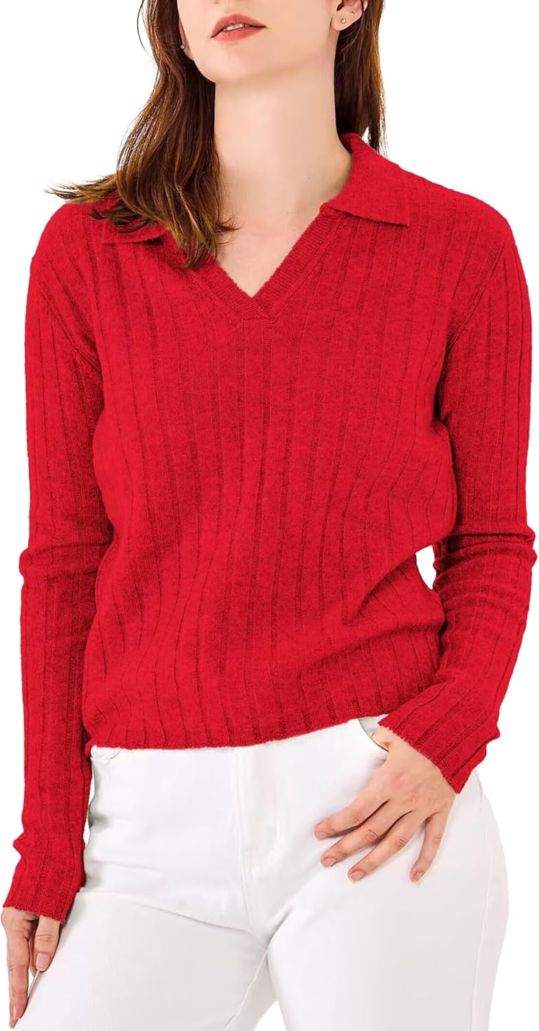 Simple&Opulence Women's Lapel Collar V Neck Sweater Wool Blend Pullover Long Sleeve Cable Knit Sweaters Polo Outfits