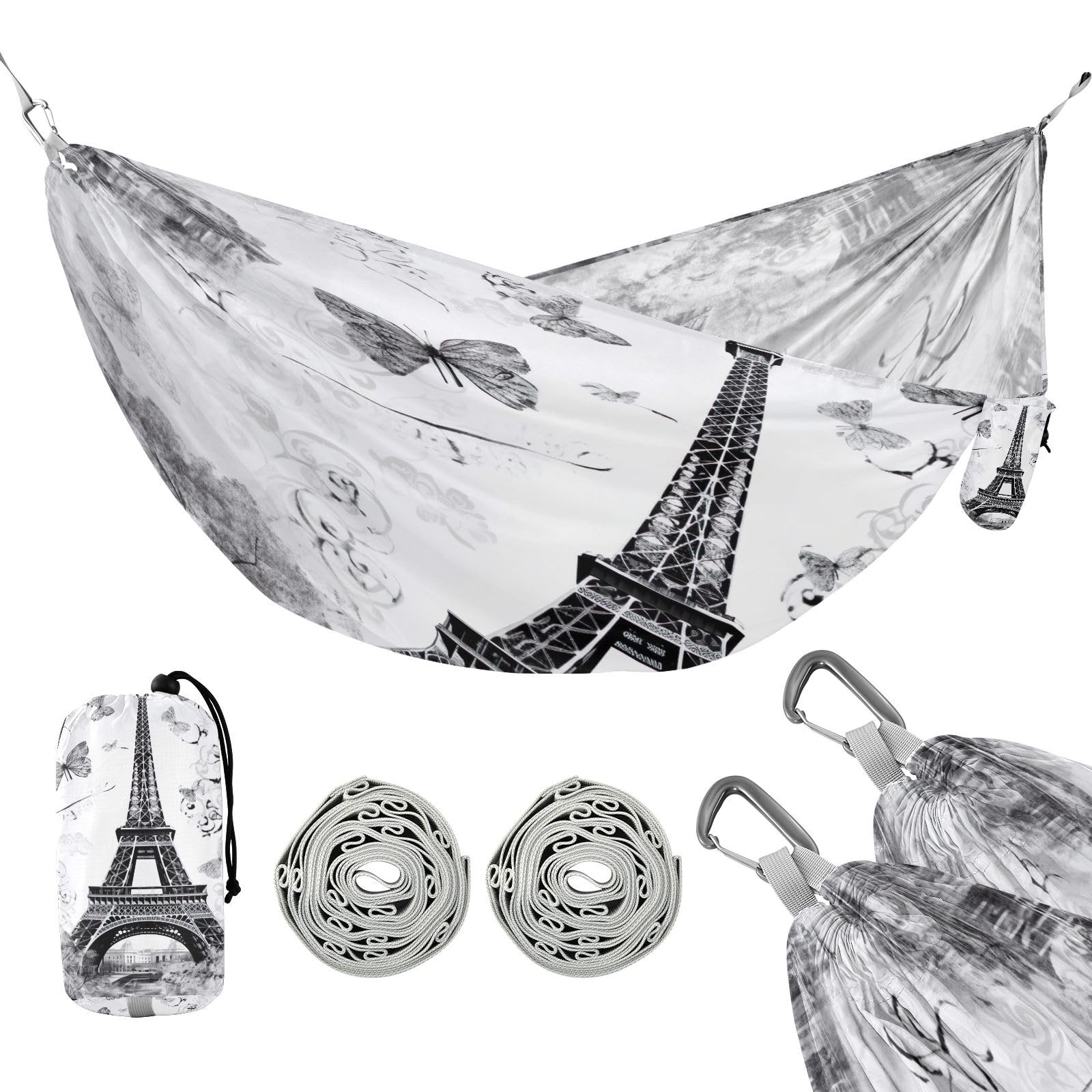 Haskirky Eiffel Tower Camping Hammock, Single Portable Hammocks with Tree Straps & Attached Carry Bag, 330Lbs Capacity Perfect for Outside Indoor Hiking Beach Backpack Travel