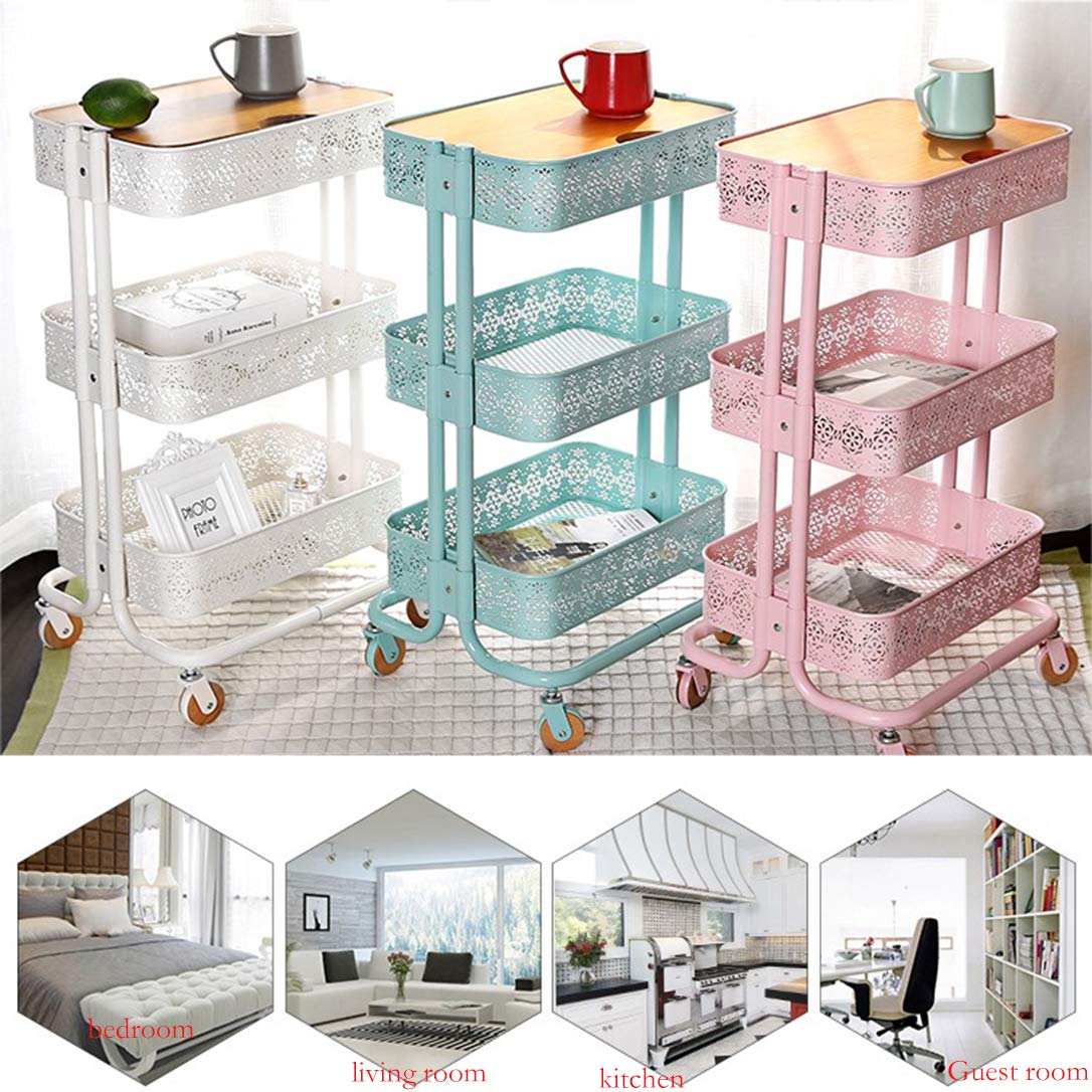 ZYFA Carrello Cucina a 3 Piani Servizio,Scaffale Portaoggetti Mobile, Multiuso, Salvaspazio Scaffale Rete Metallica Contenitori, in Legno Robusto Rotolamento Metallo,4 Ruote Girevoli