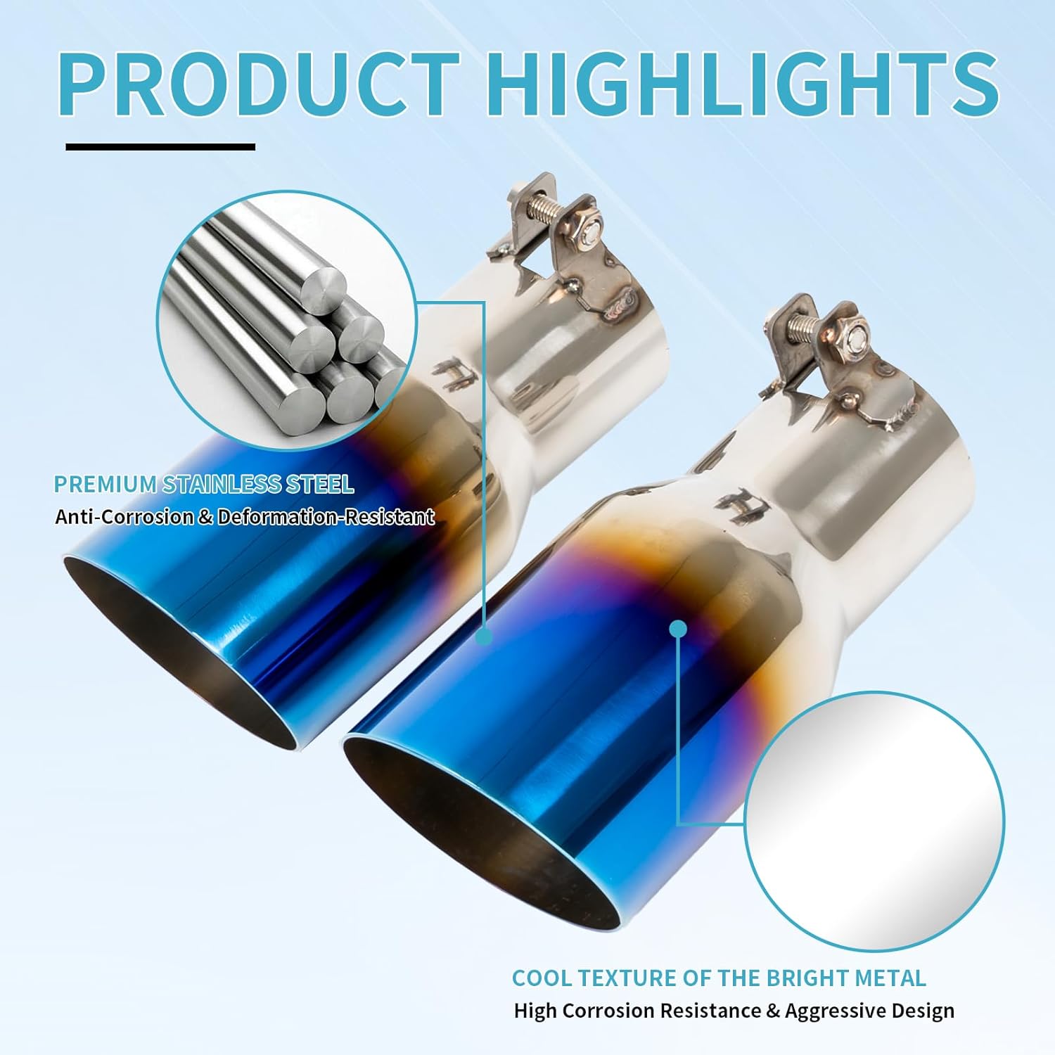 KHK 2.5" to 3.5" Exhaust Tip - 7.75" Long Diesel Exhaust Tips,2.5" Inlet 3.5" Outlet Stainless Steel Bolt-On Angle Cut Truck Tailtip, Universal Fit for Trucks & Cars -Blue Polished(Pack of 2)