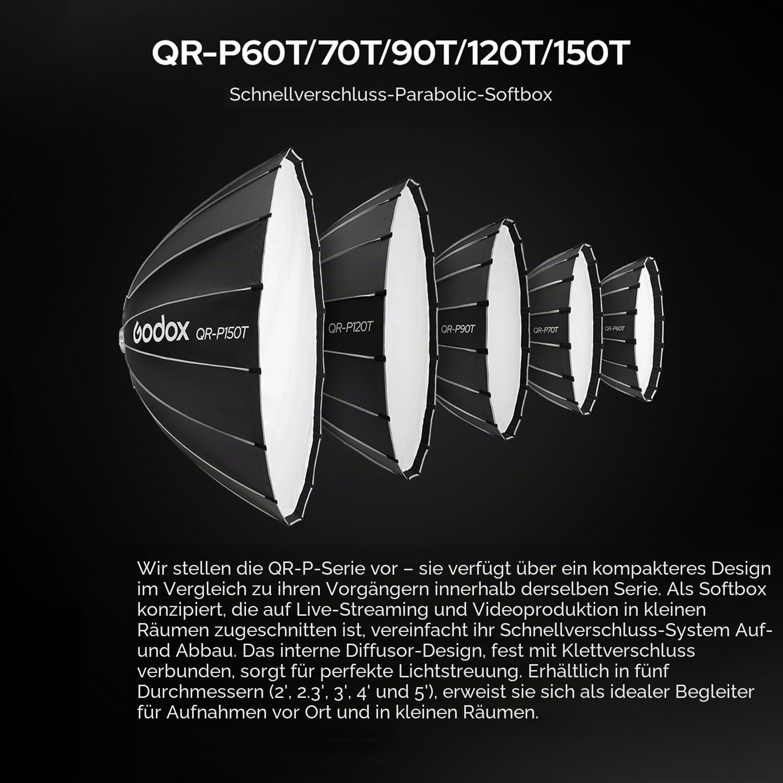 Godox QR-P90T 90 cm/35,4 Zoll parabolische Tiefe Softbox, Schnellverschluss, Faltbare Softbox mit Standard-Bowens-Halterung und Diffusoren für Blitzgerät Speedlite Dauerlicht Fotografie Porträt