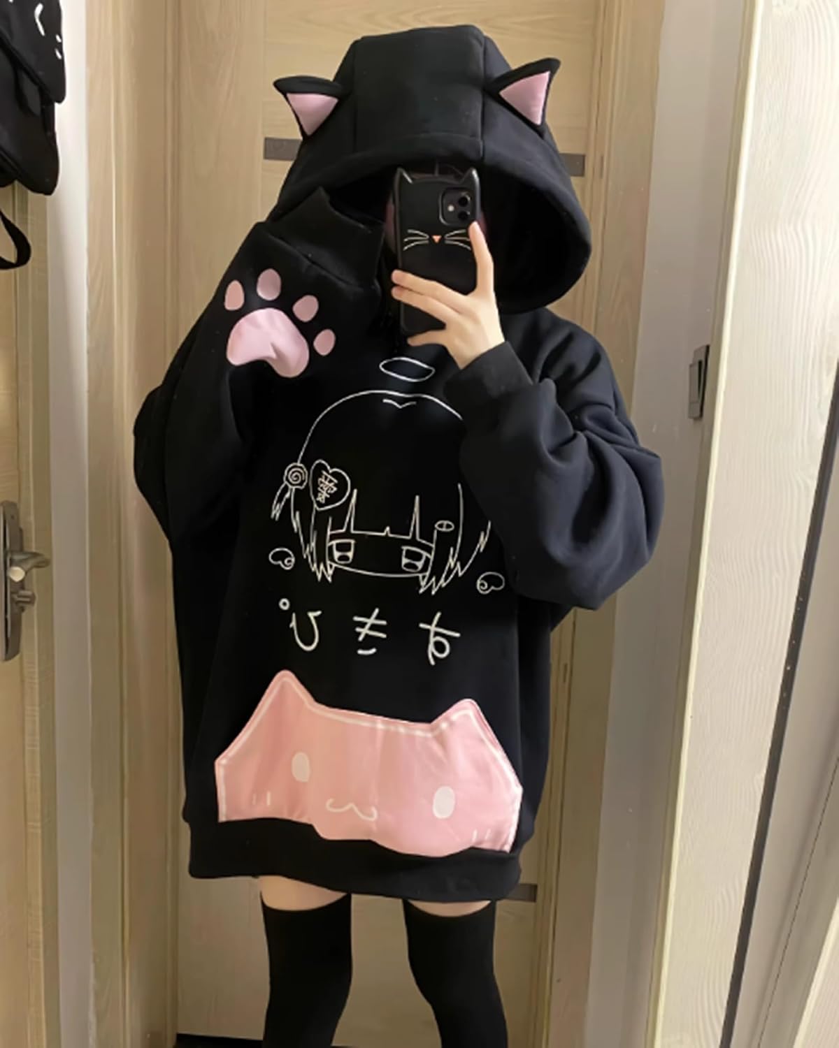 Women's Cute Anime Hoodies Kitten Ears Long Sleeve Hooded Sweatshirts Casual Oversized Y2k Fleece Pullover Tops