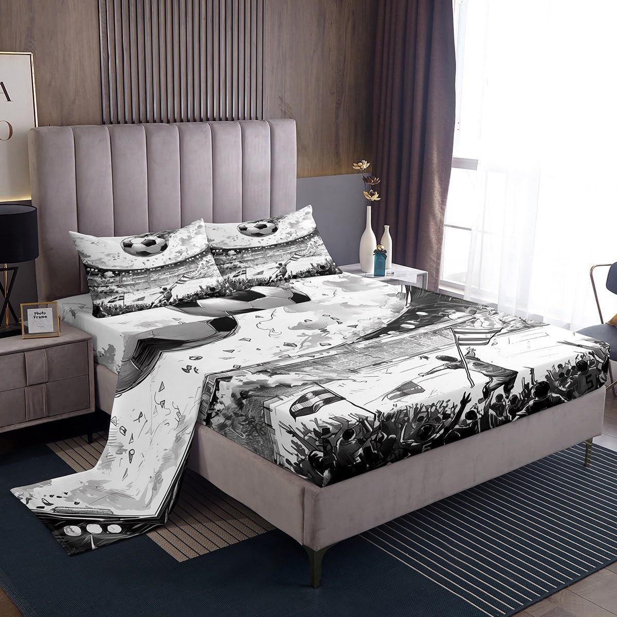 jejeloiu Football Fitted Sheet Twin Size Kids Rugby Sports Bedding Set for Boys Girls Teens White Gray Bed Sheets Set Breathable Soft Lightweight