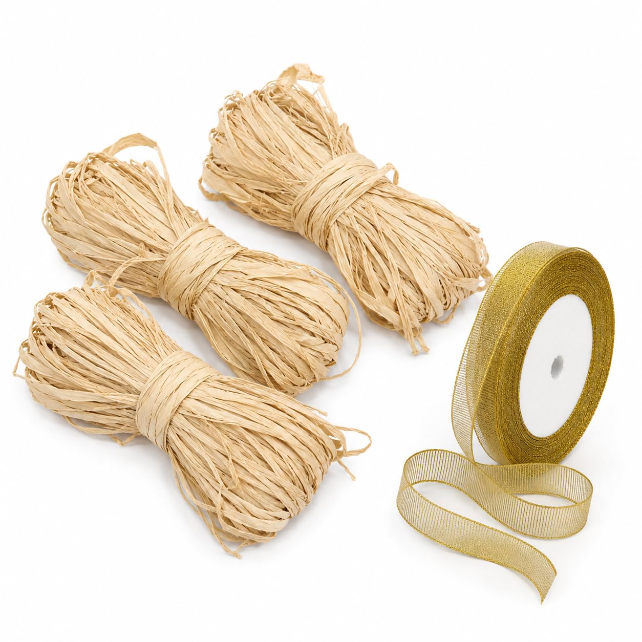 4 Pcs Raffia Ribbon Set, Brown Raffia Yarn, Gold Glitter Gift Wrap DIY Kit