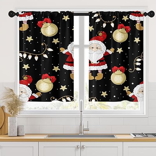 Tayney Juego de 2 cortinas de cocina de Navidad con Papá Noel para ventana sobre el fregadero, cortinas cortas negras de Navidad para cocina,