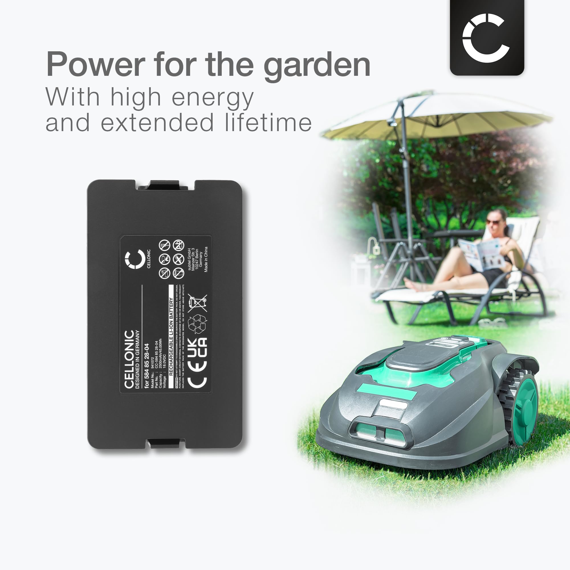 CELLONIC 1x Batterie pour Jardin Compatible avec Husqvarna Automower Limited Edition 2020, Compatible avec Gardena Sileno Minimo 250, Sileno Life 750, Husqvarna 584 84 28-02 - (2500mAh, 18V)