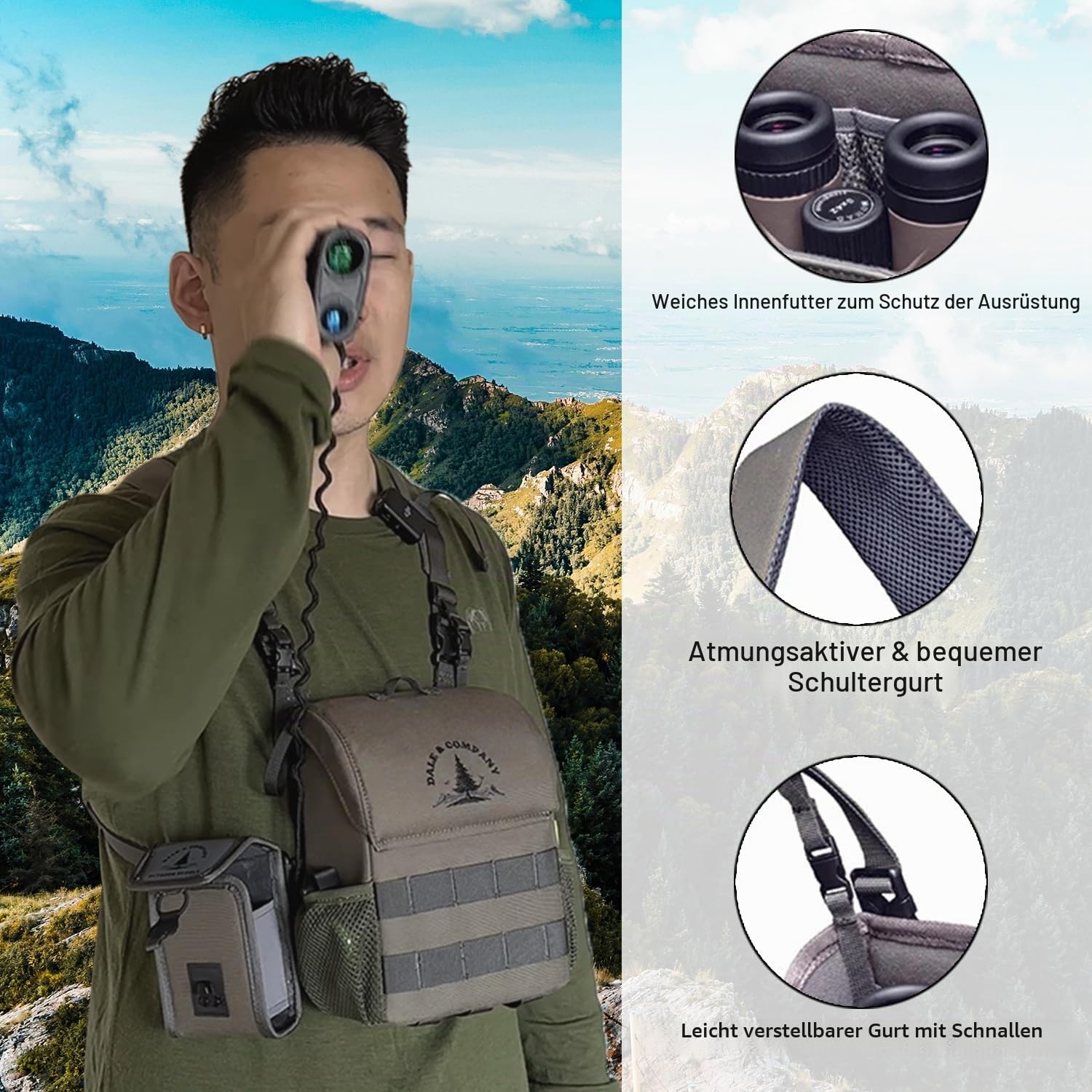Dale & Company Recon Pro Fernglas-Brusttasche mit Magnetverschluss – wasserdichte Bino-Tasche mit Entfernungsmesser-Tasche, Handyhalter, Objektivreiniger – perfekt für Jagd, Wandern, Vogelbeobachtung