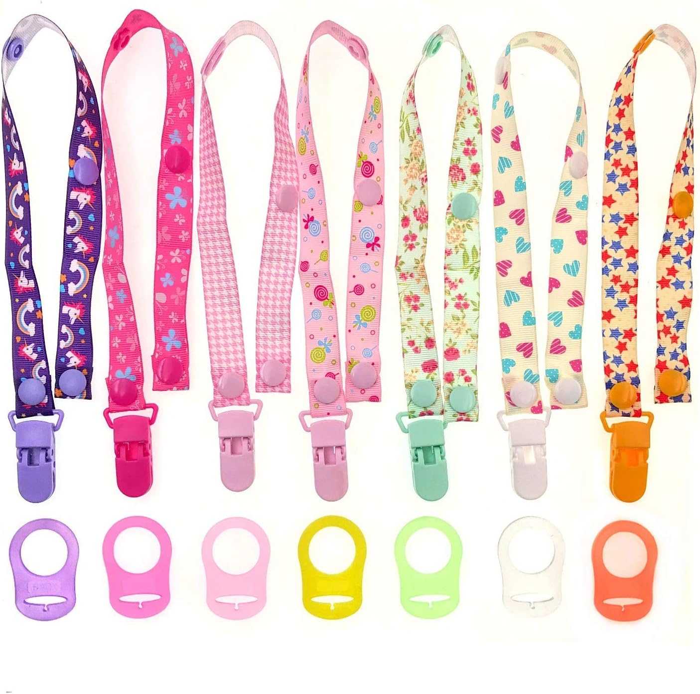 JZK 7 x Multicolor Silicone Baby Dummy Clip Ring for Girls + 7 x Pacifier Clip Dummy Holder Straps for Girls, Suitable for Baby mam soothers
