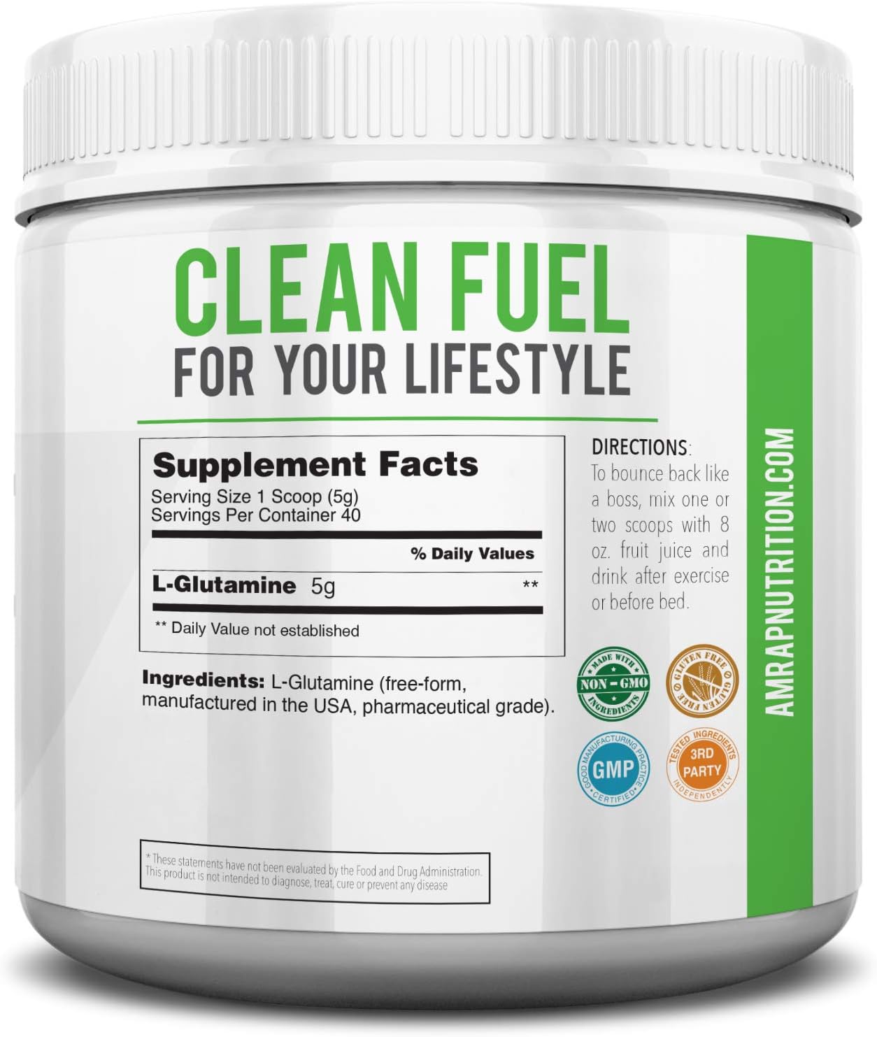AMRAP Nutrition Vegan Glutamine Powder, 200g, WADA Compliant, Athlete Approved (40 Servings)