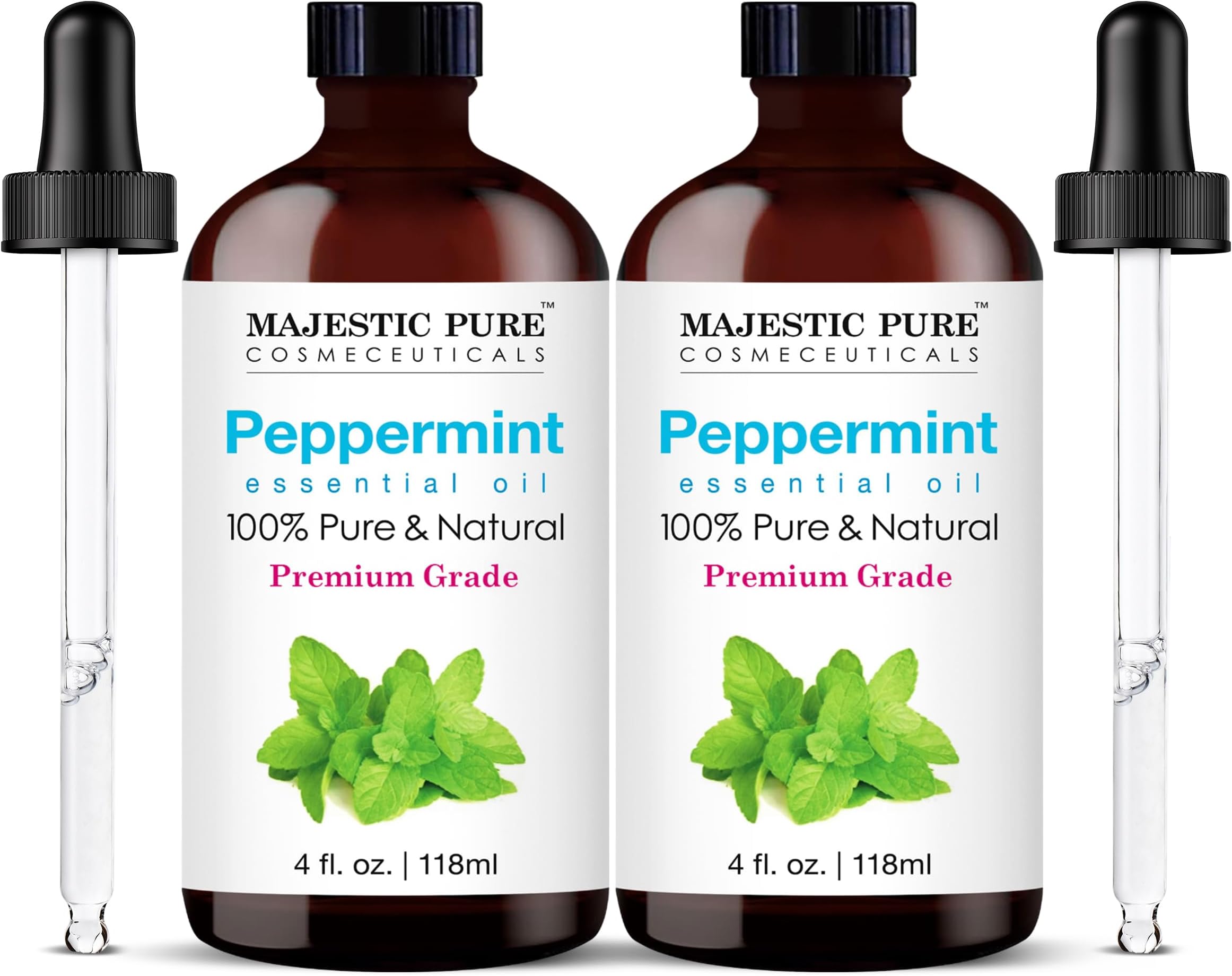 Majestic Pure Essential Oil with Glass Dropper - 100% Pure and Natural - Essential Oils for Diffuser, Aromatherapy, Soap and Candle Making, Peppermint Essential Oil, Peppermint Oil, 4 Fl Oz Pack of 2
