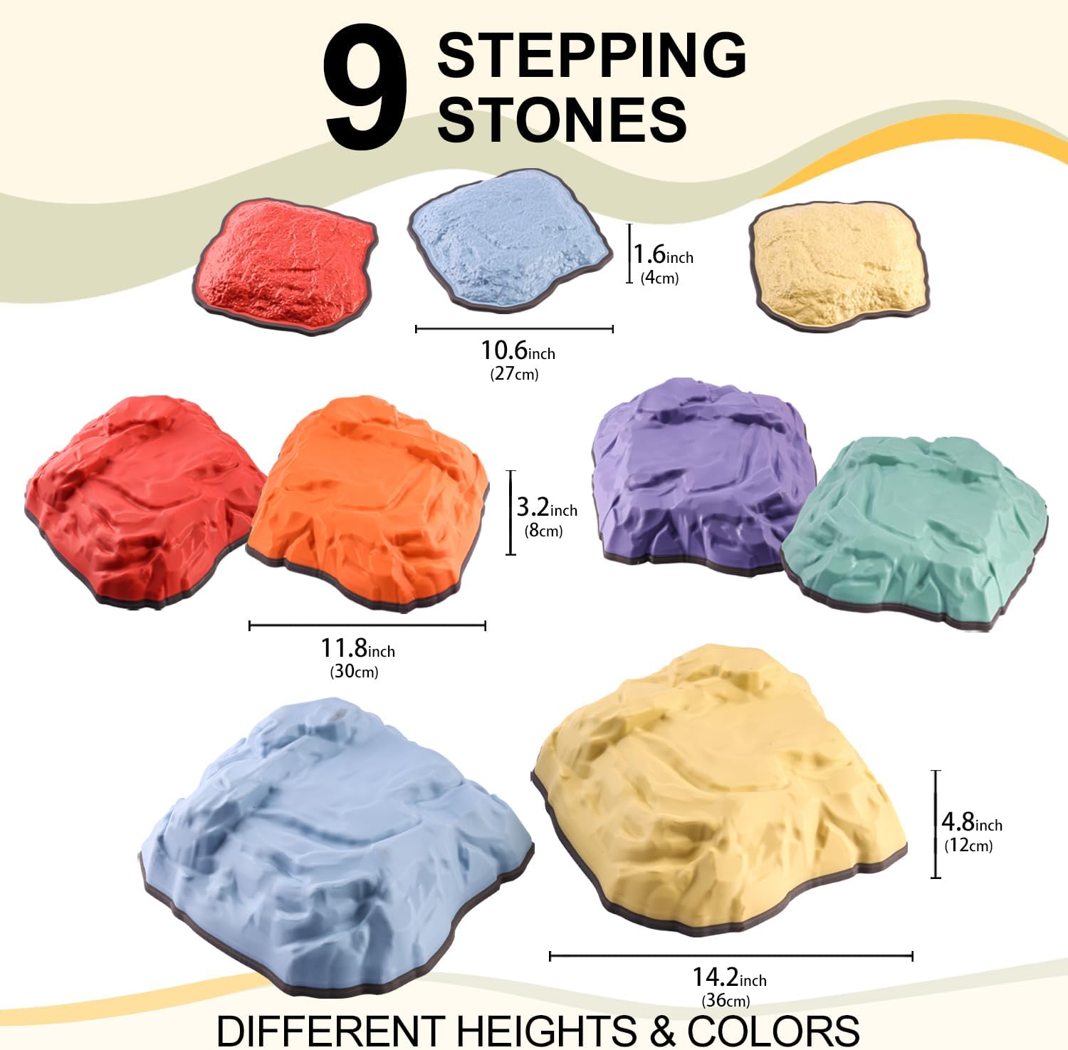 Balance Stepping Stones for Kids 9 Pcs, Durable Faux Stones Simulate Nature, Obstacle Courses Indoor Outdoor Toddlers Sensory Toys Promoting Balance & Coordination, Non-Slip Edging, Ages 3+