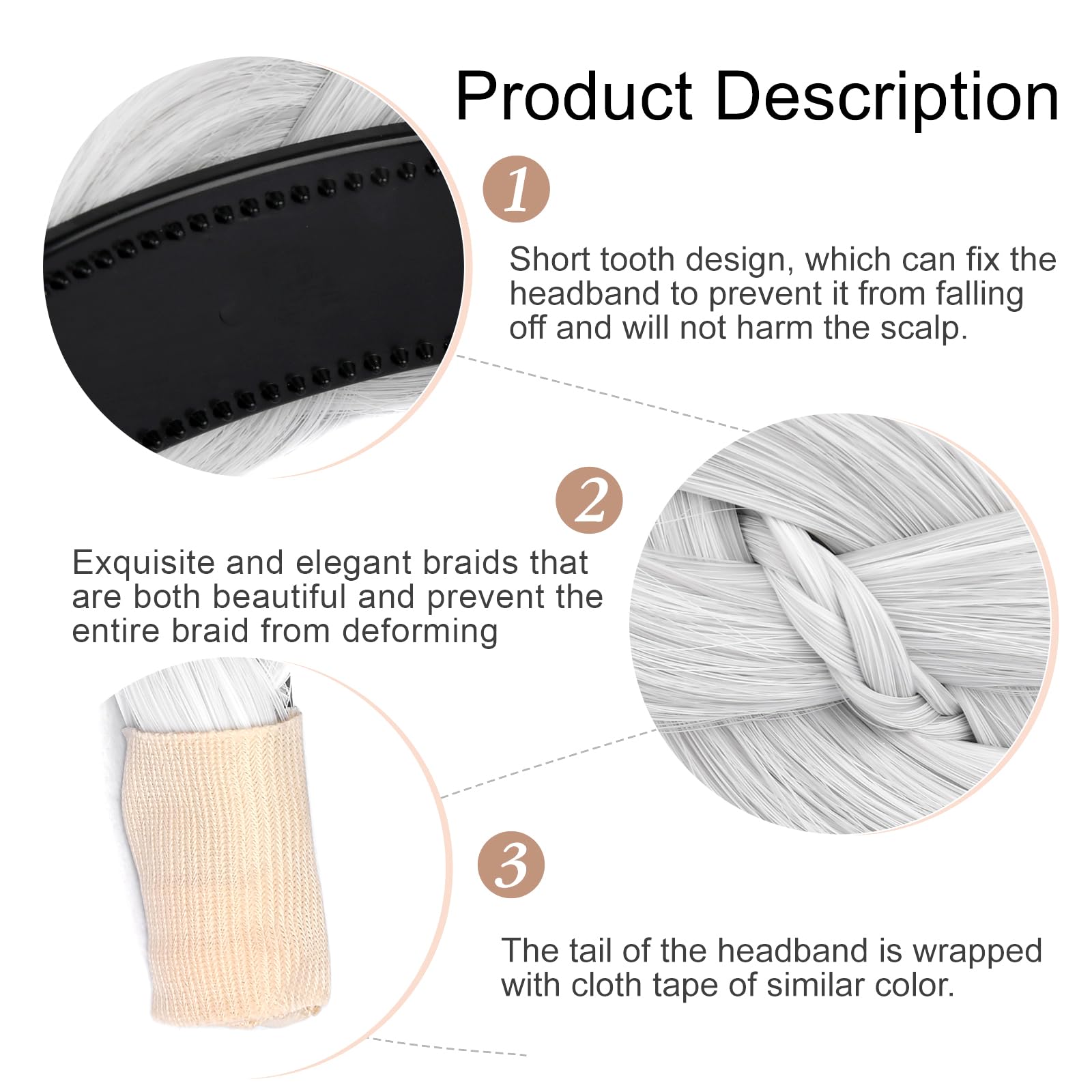 GLEDOLA Wide Braided Headband with Teeth Synthetic Hair Plaited Headband High Elasticity Braids Hair Band Hairpiece for Girls Women (White Gray - Image 4