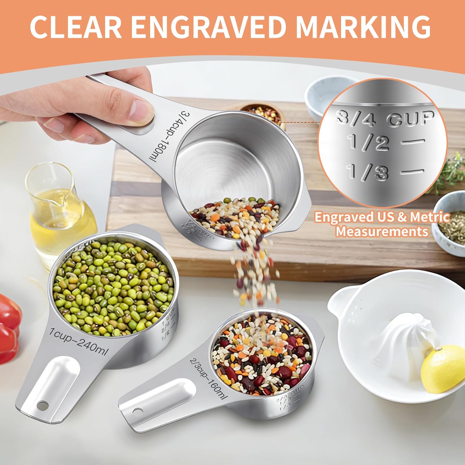 EWFEN Measuring Cups and Spoons Set, 7 Stainless Steel Nesting Measuring Cups & 7 Spoons, 5 Mini Measuring Spoons &1 Leveler, Kitchen Gadgets for Cooking & Baking, Square - Image 6