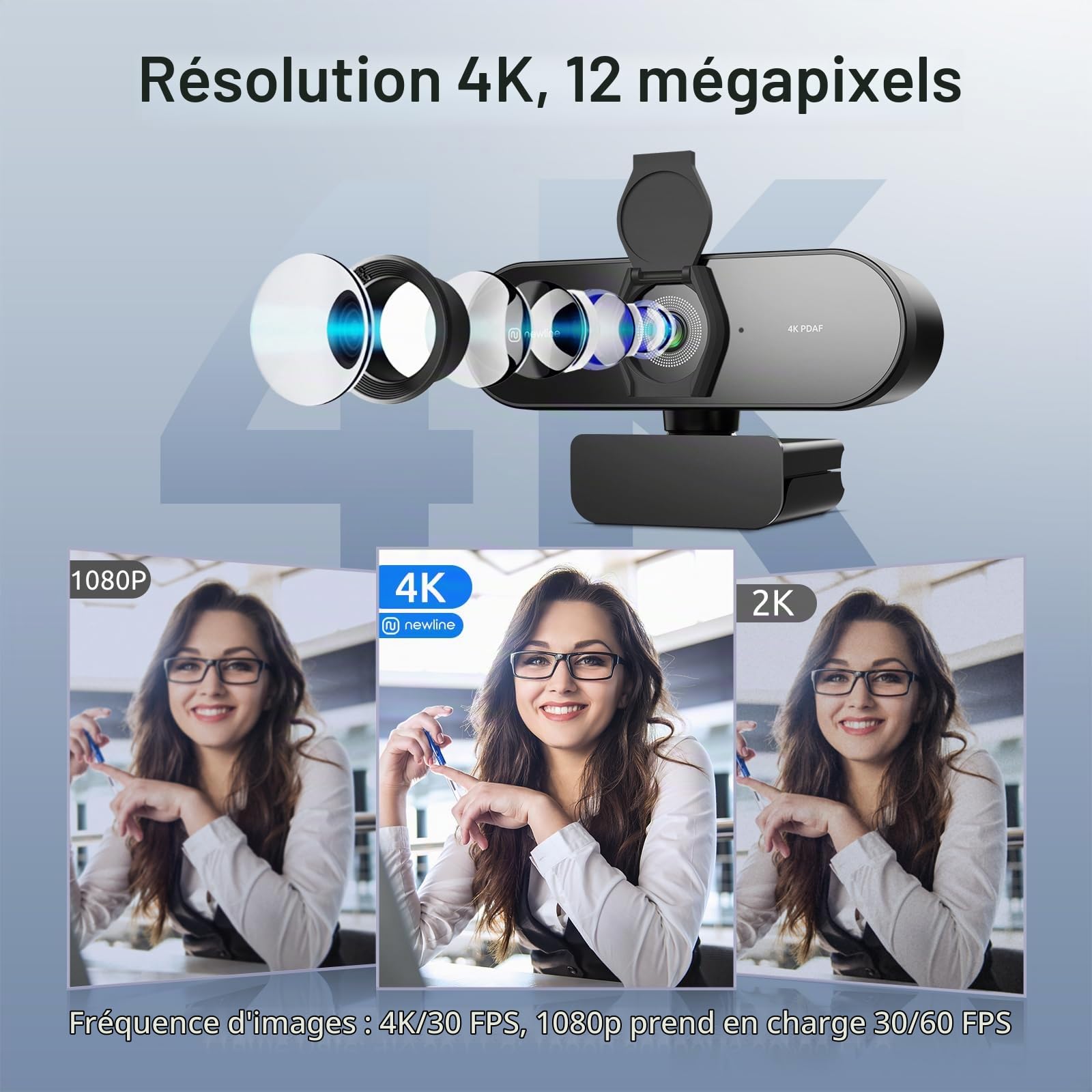 Webcam 4K pour PC avec autofocus PDAF, cache de confidentialité, double microphones, 4K @ 30 fps et 1080p @ 60 fps, correction automatique de la lumière, caméra USB Plug & Play pour