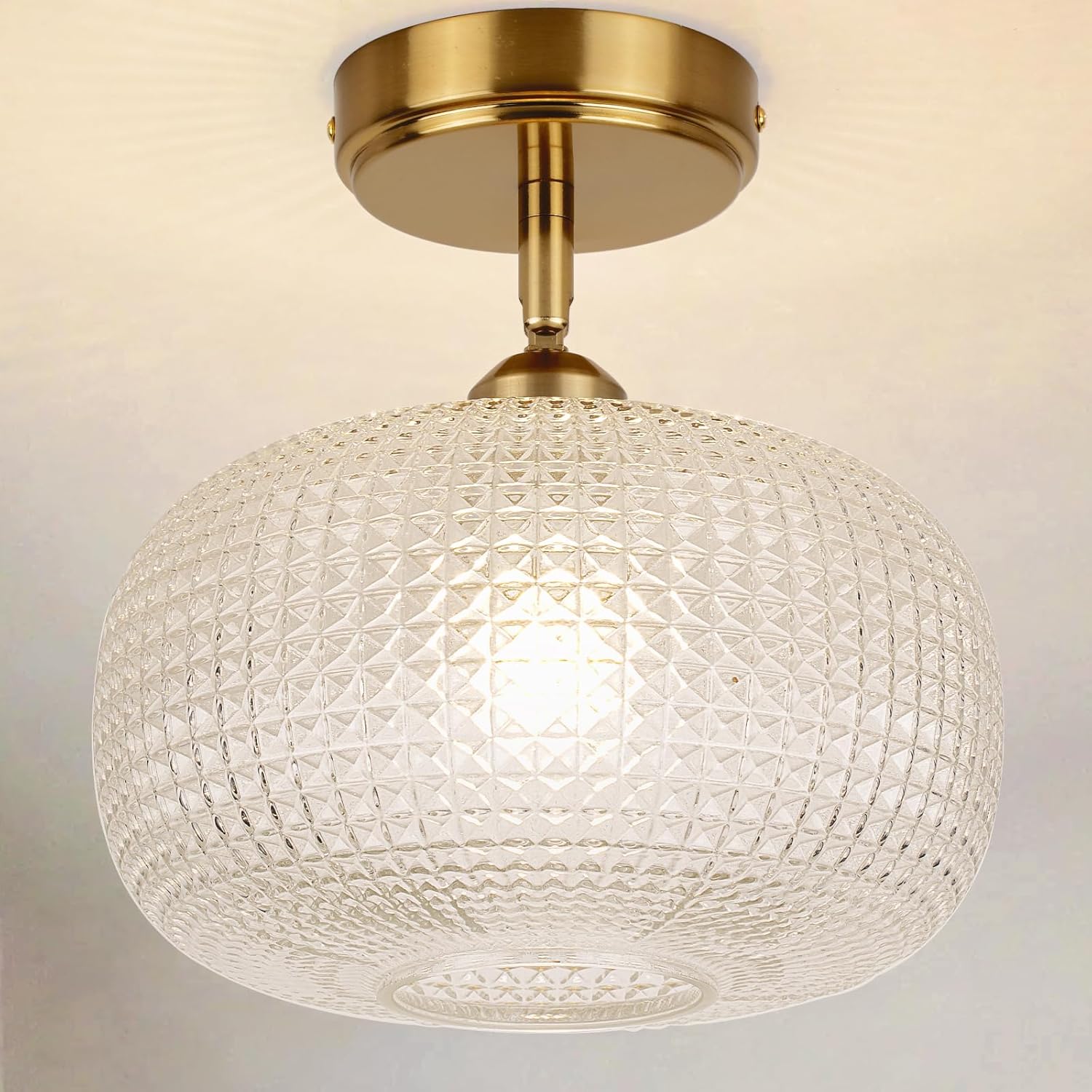 Glass Semi Flush Mount Ceiling Light Fixture, Gold Vintage Globe Lamp, Sloped Ceiling Adaptable, for Hallway, Kitchen, Bedroom, or Entryway, Modern Farmhouse Style Light for Dining Room