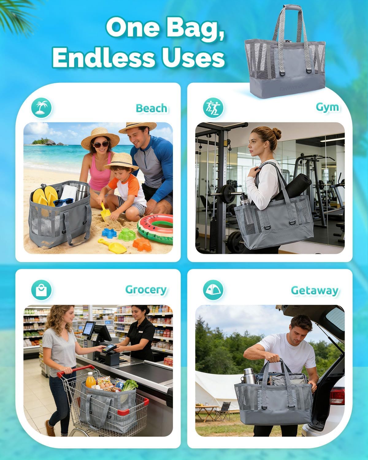 50L Beach Tote Bag with Waterproof Bottom and Coated Mesh for Beach Boat Pool Sports - Image 7