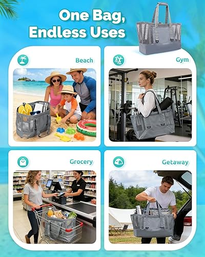 Miniatura 7 de Bolsa de playa de 50L con parte inferior impermeable y malla recubierta para playa, barco, piscina y deportes