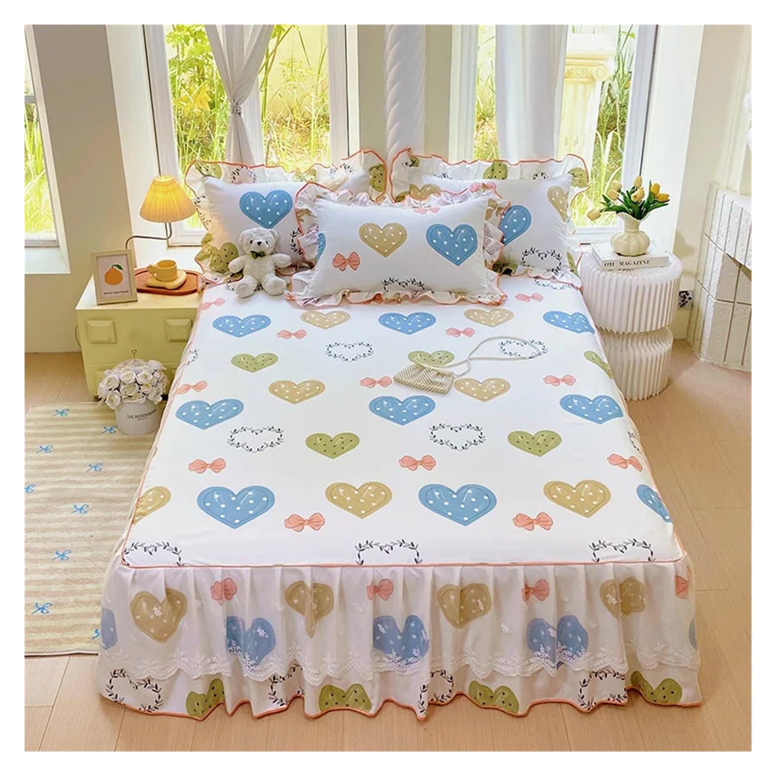 1pc Skin-friendly Bed Skirt Floral Style Bedspread Ruffles Bed Cover Mattress Protector No Pillowcase(Color-02,180x220cm 1pc)