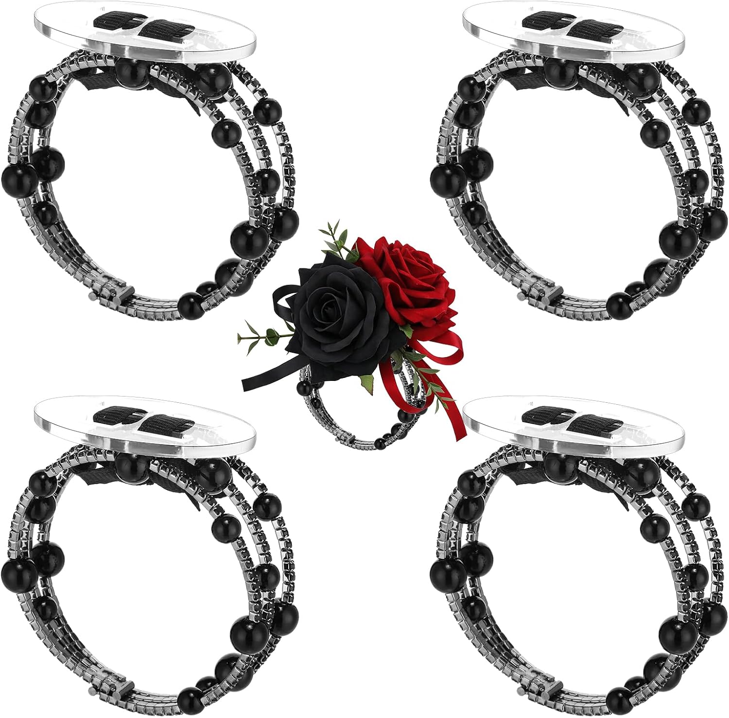 Hotop 4 Pcs Corsage Wrist Bracelet Bands Bride Pearl Rhinestone Bracelet Elastic Wrist Corsage DIY Wedding Wristband Faux Pearl Adjustable Wristband Accessory for Bridal Party Prom (Black)