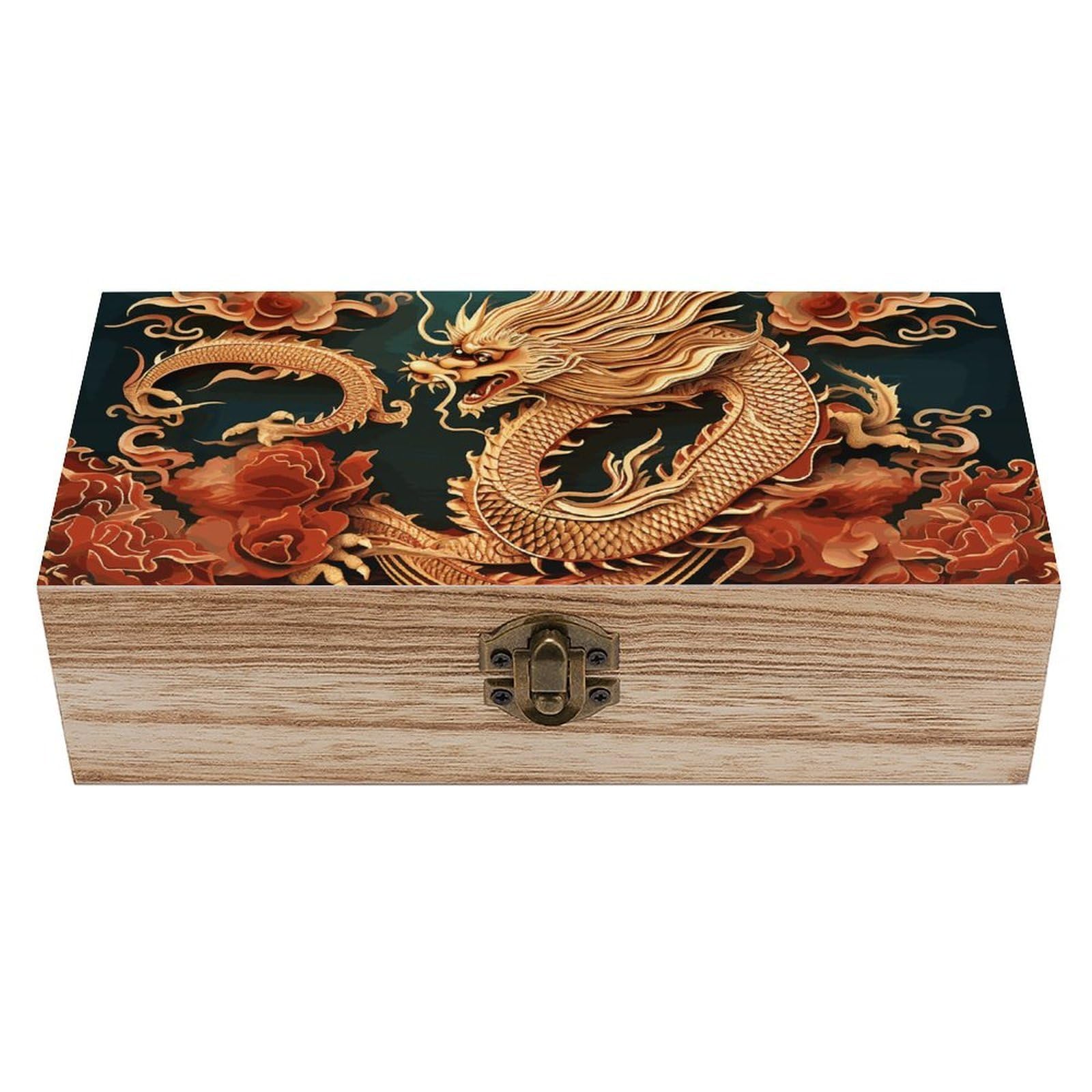 Wooden Storage Box Dragon Chinese Background Wood Gift Box with Hinged Lid Vintage Decorative Jewelry Boxes Memory Box for Jewelry Art Hobbies Home Storage Treasure Keepsake Gift 7.9''x3.9''x2.3''