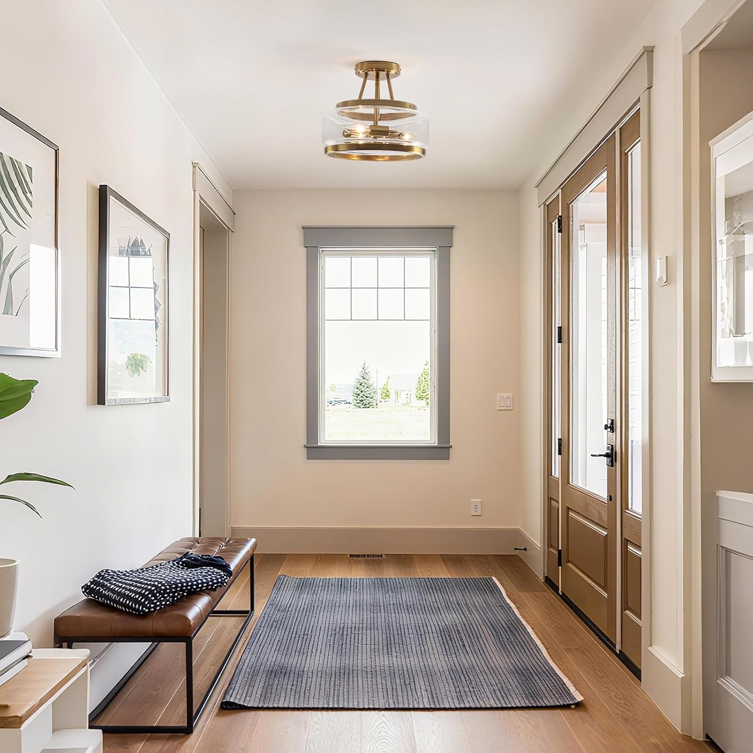 11.8" Gold Semi Flush Mount Ceiling Light, Small Ceiling Lighting Modern Clear Glass Flush Mount Drum Light Fixture for Dining Room Foyer Entryway Bedroom Kitchen Bathroom 3-Light