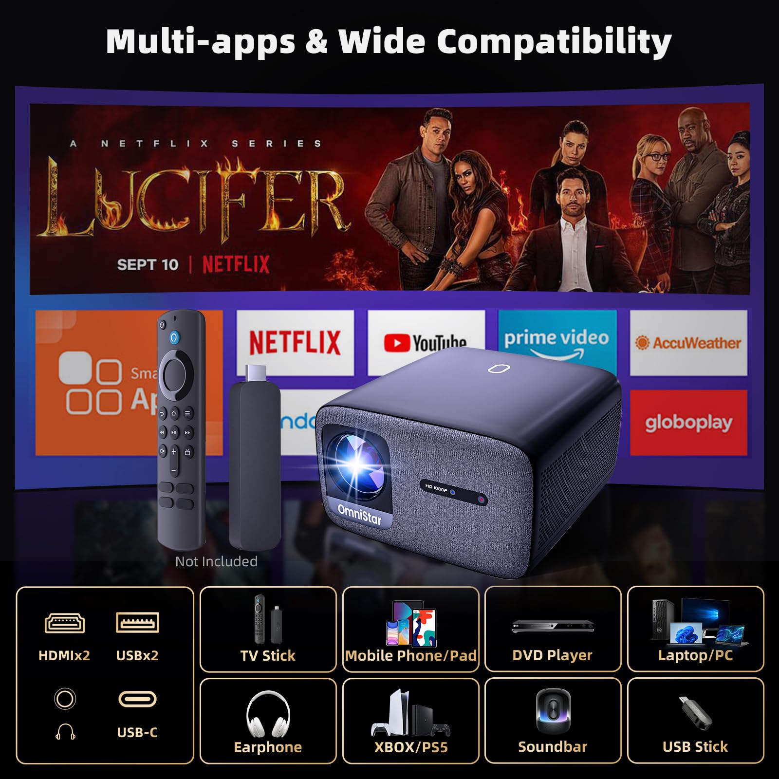 CASIRIS Omnistar Proiettore 1500 ANSI| Messa a fuoco automatica | Supporto 1080P Full HD 4K | Proiettore video Bluetooth 16:9 5G WiFi per TV Stick, Home Cinema, Ufficio, Club, Esterno (migliorato)