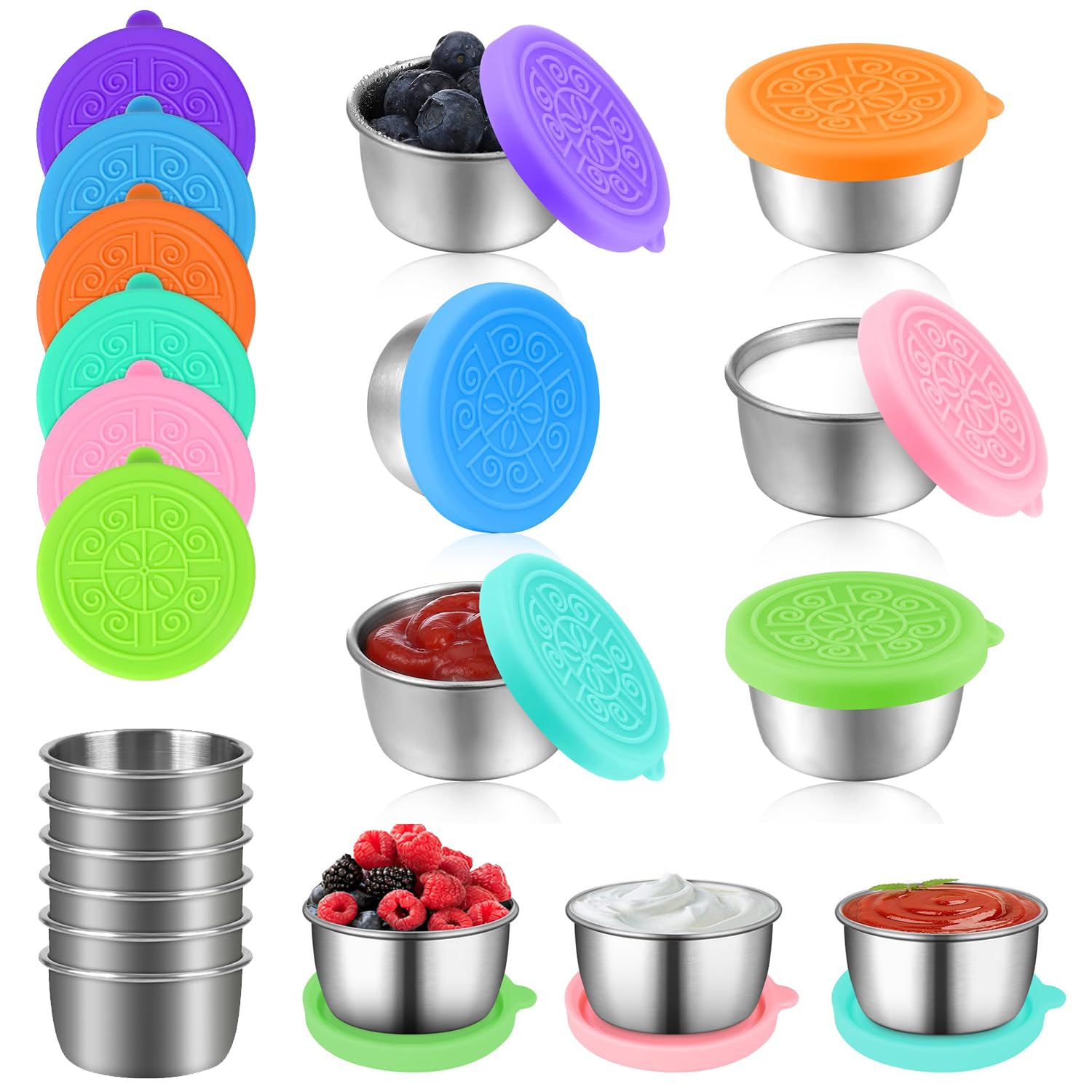 6 contenitori per condimenti per insalata Piccoli contenitori per condimenti in acciaio inossidabile da 50-70 ml, piccoli contenitori per salse, contenitori per condimenti con coperchio (6PC-70ml