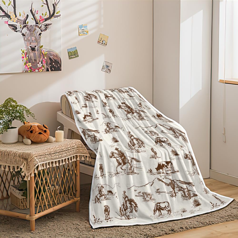 Western Cowboy Throw Blankets, Wild West Cowboy Ride Horse Desert Cactus Cozy Warm Bed Couch Blanket, Farmhouse Country American West Theme Fleece Flannel Throws to Decorate the Room and Bedroom - Image 2