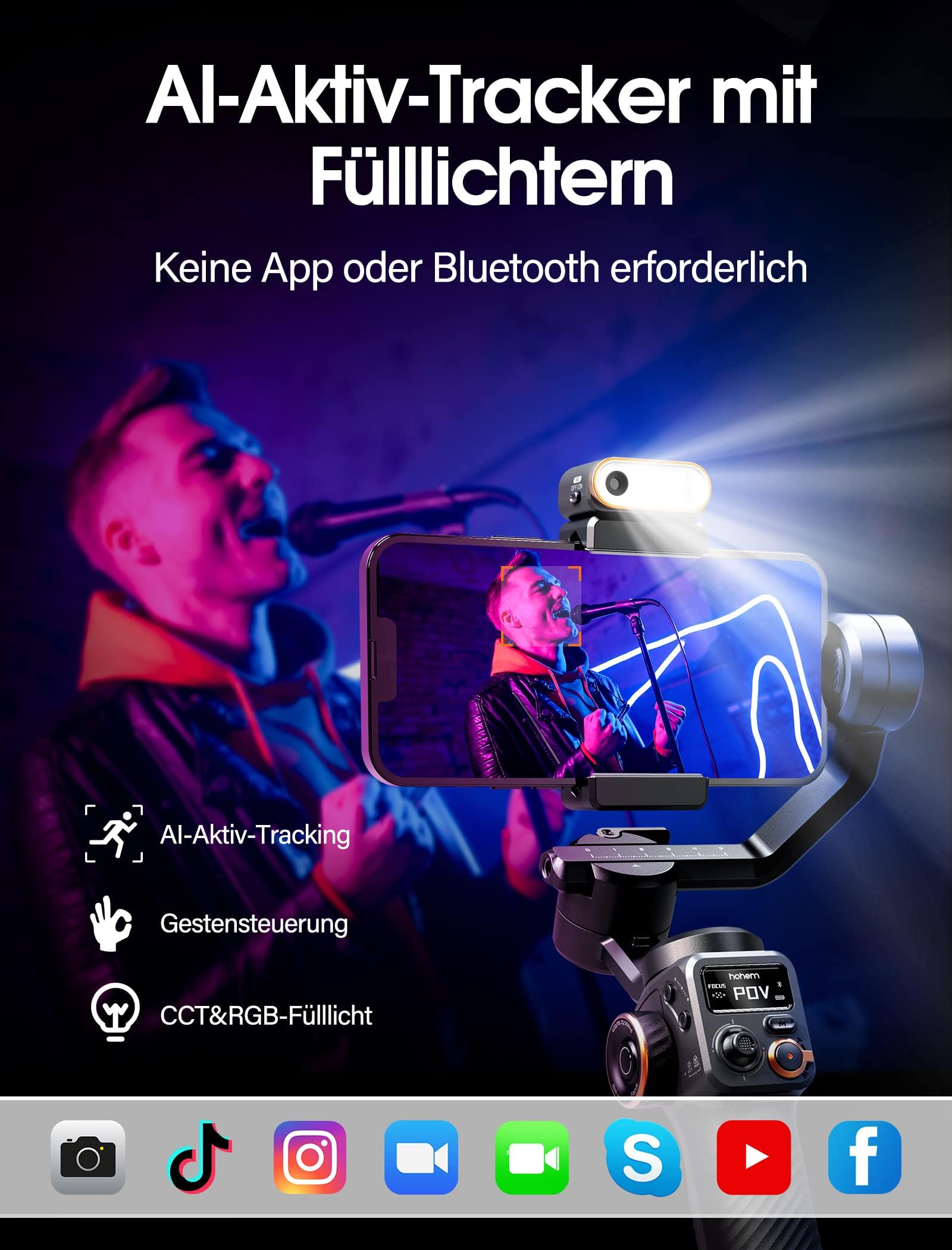 hohem iSteady M6 Kit 3-Achsen-Handy Stabilisator, Gimbal Smartphone | mit Magnetischer AI-Tracker, Einstellbares CCT/RGB-Fülllicht, 0,91 Zoll OLED-Display, Max. Nutzlast 400g, Gimbal für Volgging