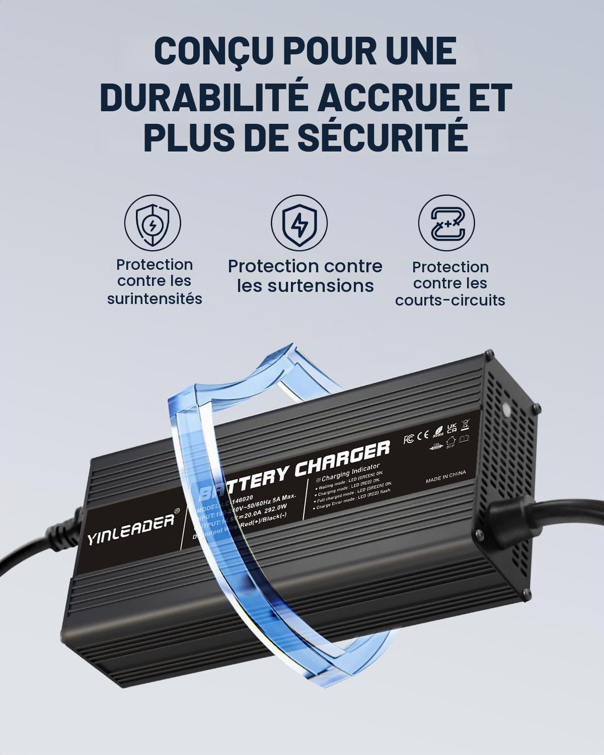 Yinleader Chargeur de Batterie Automobile LiFePO4 20A 12V - Chargeur Intelligent Automatique pour Batteries au Phosphate de Fer Lithium 14,6V 20A - Protection Multiple et Taille compacte